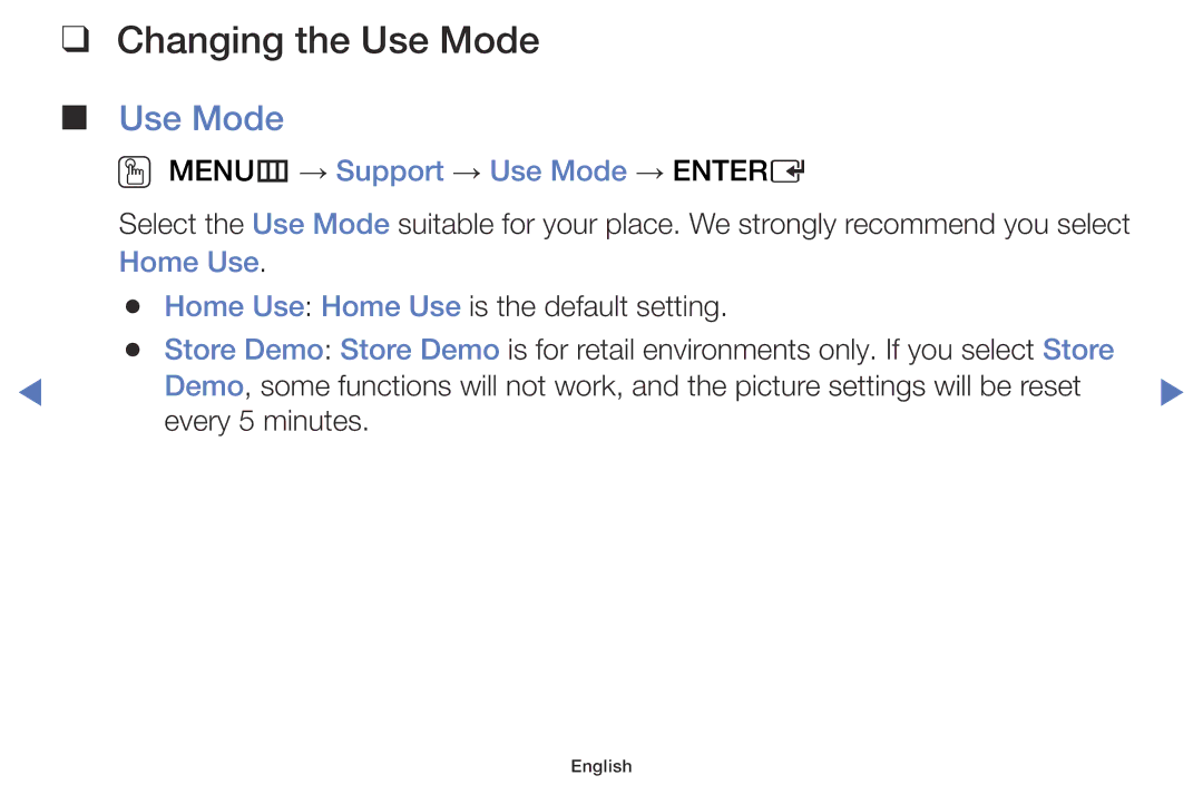 Samsung UE55J5105AKXXE, UE40J5000AKXZT manual Changing the Use Mode, OO MENUm → Support → Use Mode → Entere, Home Use 