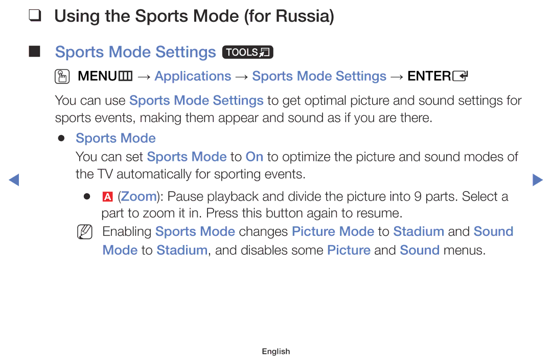 Samsung UE32J5005AKXXE, UE40J5000AKXZT, UE32J5100AKXZT manual Using the Sports Mode for Russia, Sports Mode Settings t 