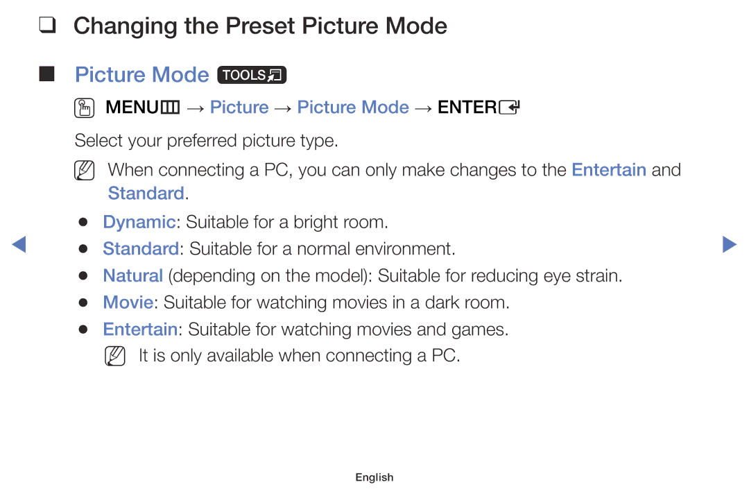 Samsung UE40J5005AKXXE manual Changing the Preset Picture Mode, Picture Mode t, OO MENUm → Picture → Picture Mode → Entere 