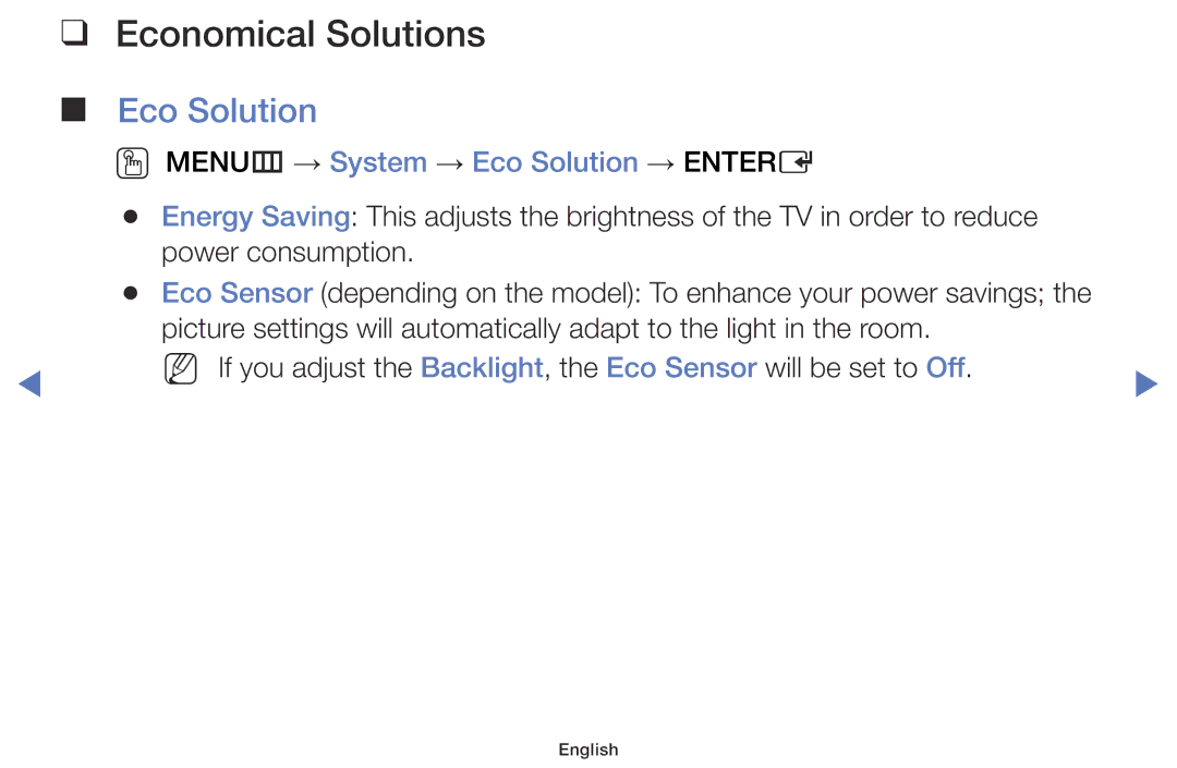 Samsung UE40J5000AKXZT, UE32J5100AKXZT, UE32J4000AKXZT Economical Solutions, OO MENUm → System → Eco Solution → Entere 