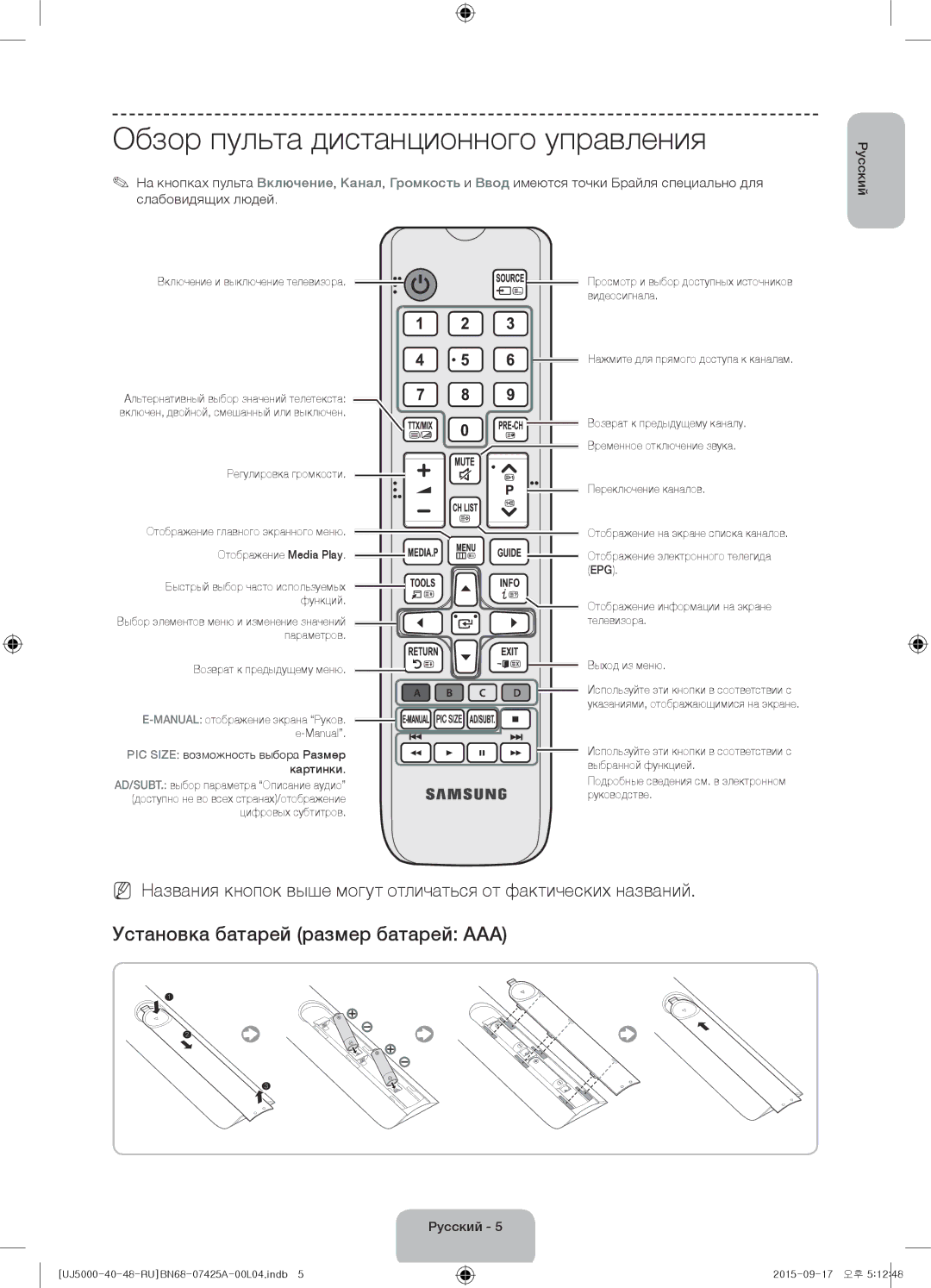 Samsung UE48J5000AUXRU Обзор пульта дистанционного управления, Включение и выключение телевизора, Регулировка громкости 