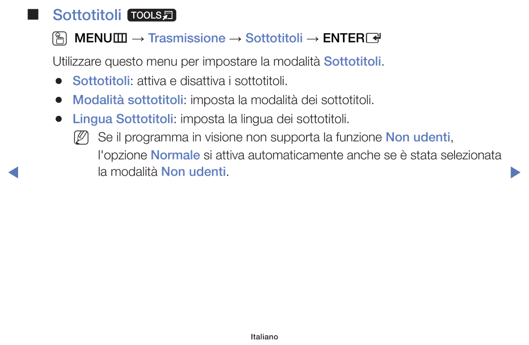 Samsung UE19H4000AWXXH, UE40J5150ASXZG, UE32H5000AWXXH manual Sottotitoli t, OO MENUm → Trasmissione → Sottotitoli → Entere 