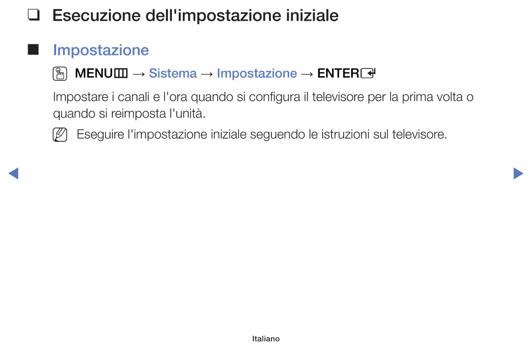 Samsung UE48H5003AKXZT manual Esecuzione dellimpostazione iniziale, OO MENUm → Sistema → Impostazione → Entere 