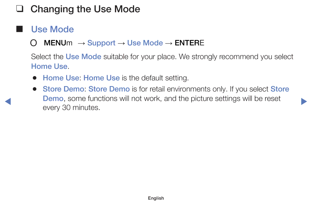 Samsung UE28J4100AWXXC, UE40J5150ASXZG manual Changing the Use Mode, OO MENUm → Support → Use Mode → Entere, Home Use 