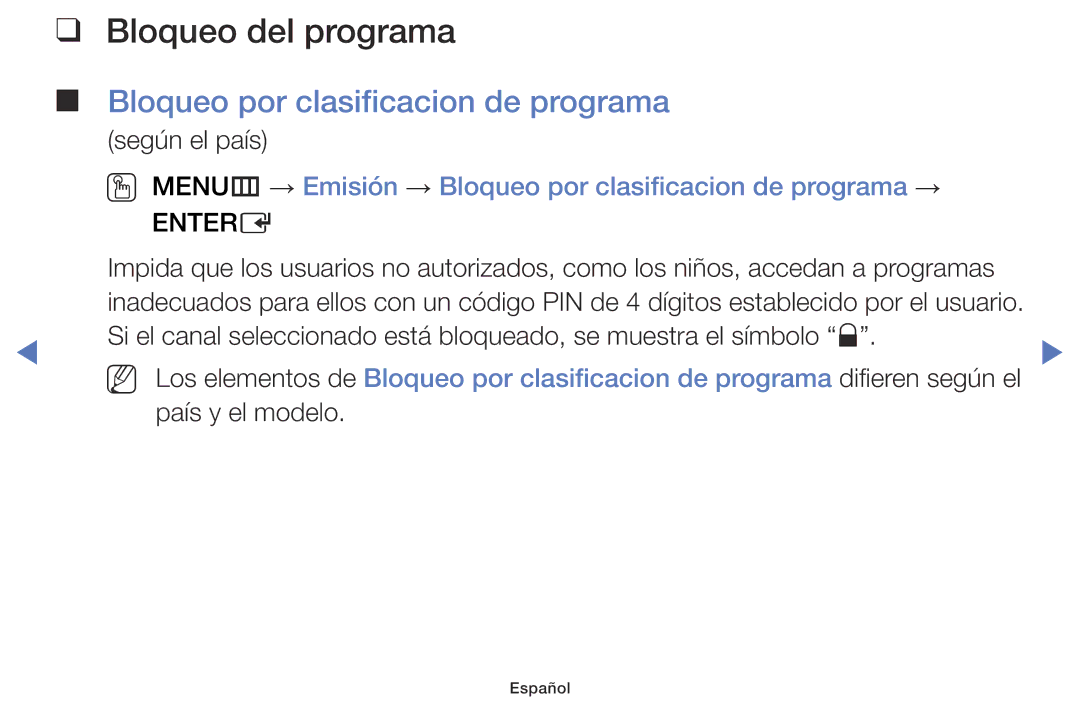 Samsung UE48J5000AWXXC, UE40J5170ASXZG, UE32J4000AWXXC manual Bloqueo del programa, Bloqueo por clasificacion de programa 