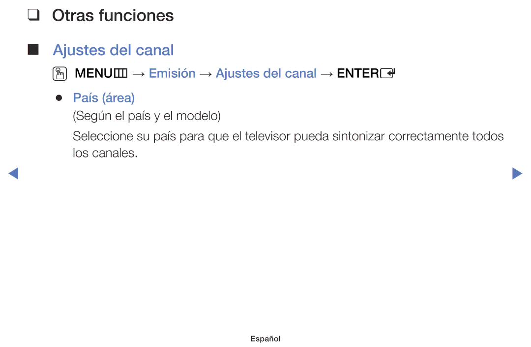Samsung UE40J5100AWXXC, UE40J5170ASXZG manual Otras funciones, OO MENUm → Emisión → Ajustes del canal → Entere País área 