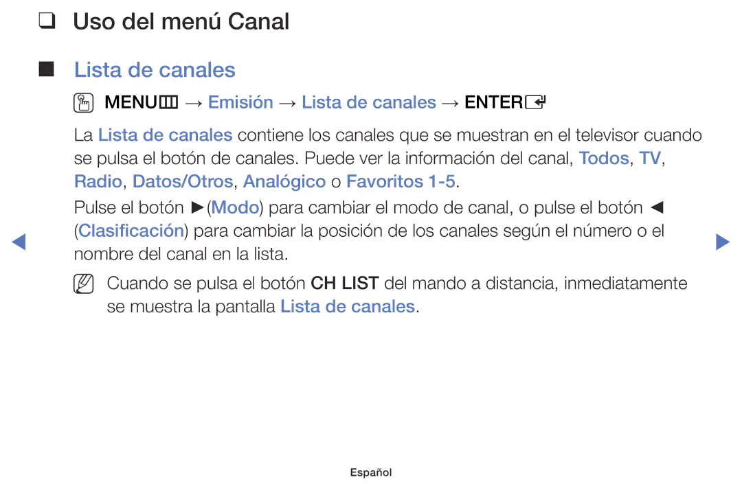 Samsung UE32J4100AWXXC, UE40J5170ASXZG manual Uso del menú Canal, OO MENUm → Emisión → Lista de canales → Entere 