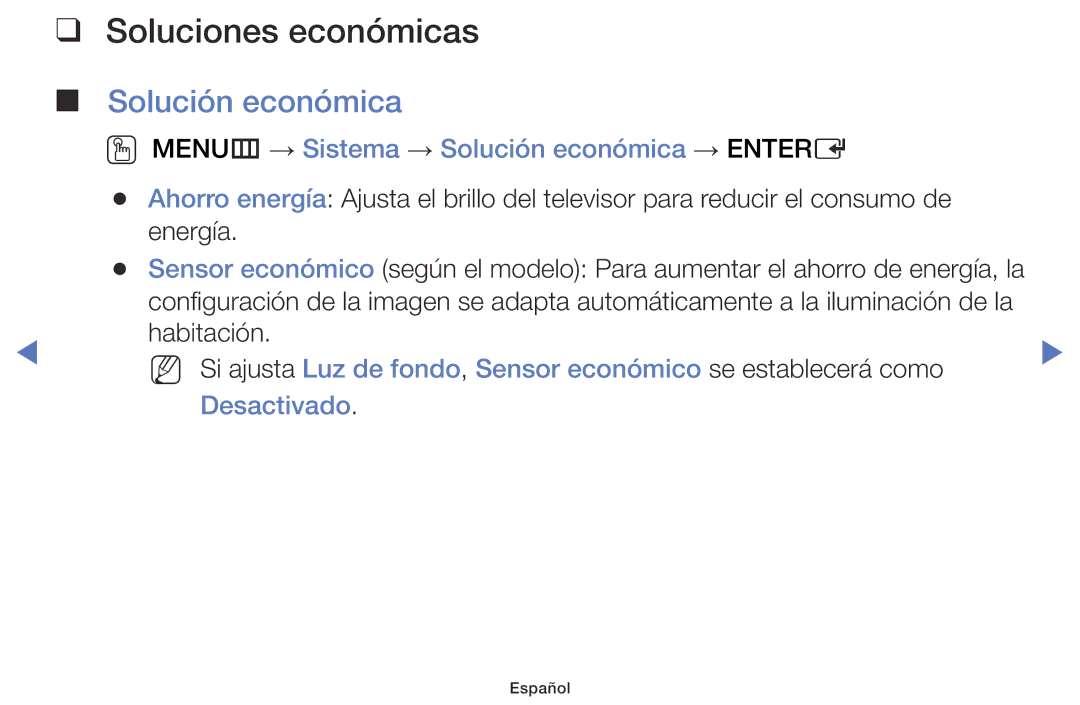 Samsung UE40J5100AWXXC manual Soluciones económicas, OO MENUm → Sistema → Solución económica → Entere, Desactivado 