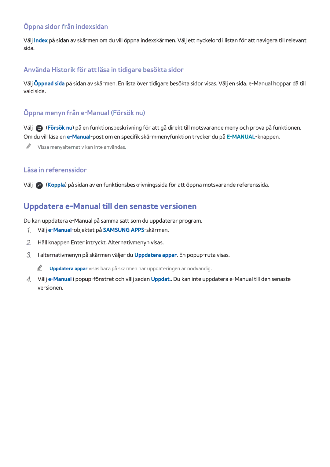 Samsung UE50J6175AUXXE Uppdatera e-Manual till den senaste versionen, Öppna sidor från indexsidan, Läsa in referenssidor 
