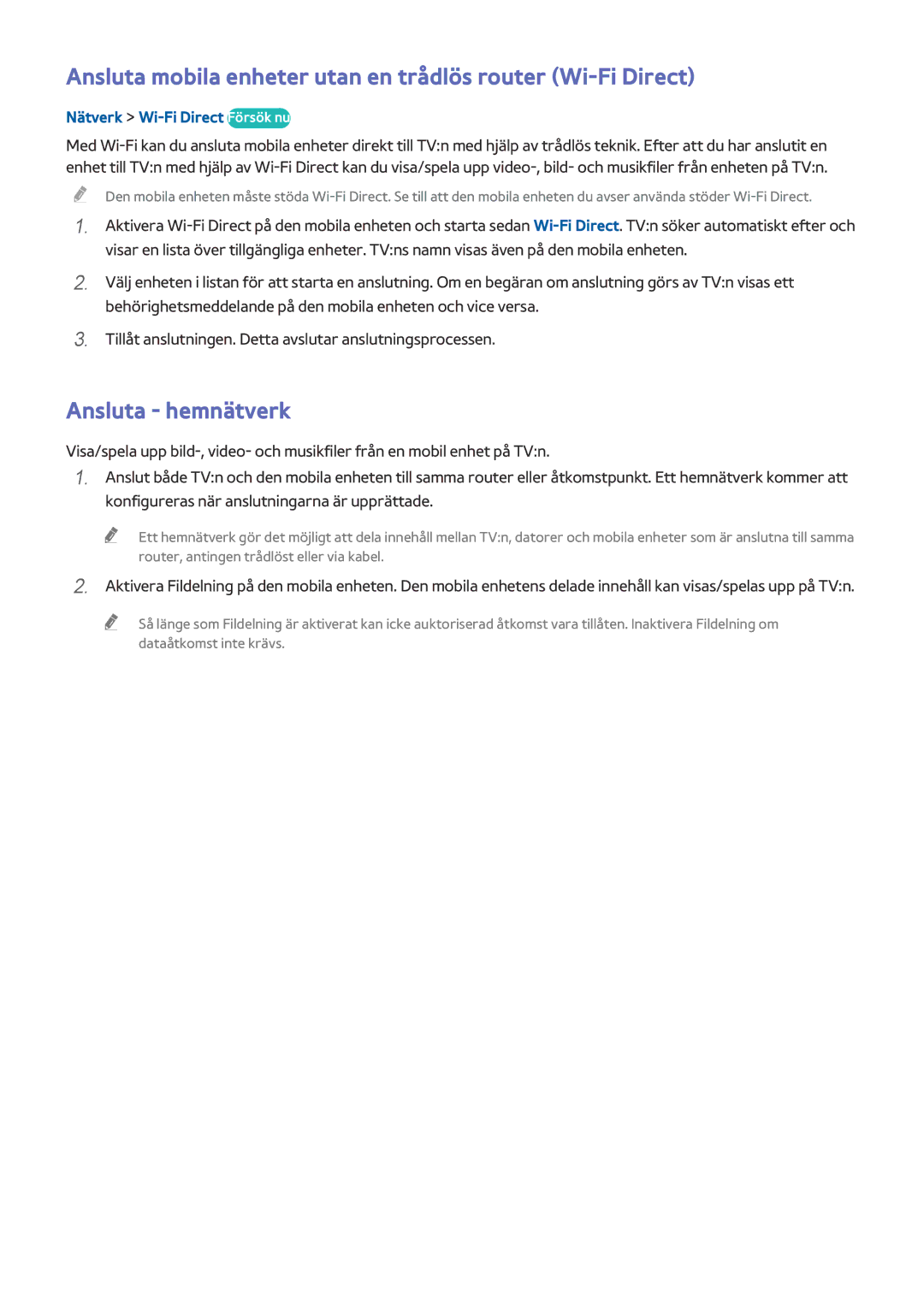 Samsung UE32J5205AKXXE manual Ansluta mobila enheter utan en trådlös router Wi-Fi Direct, Nätverk Wi-Fi Direct Försök nu 