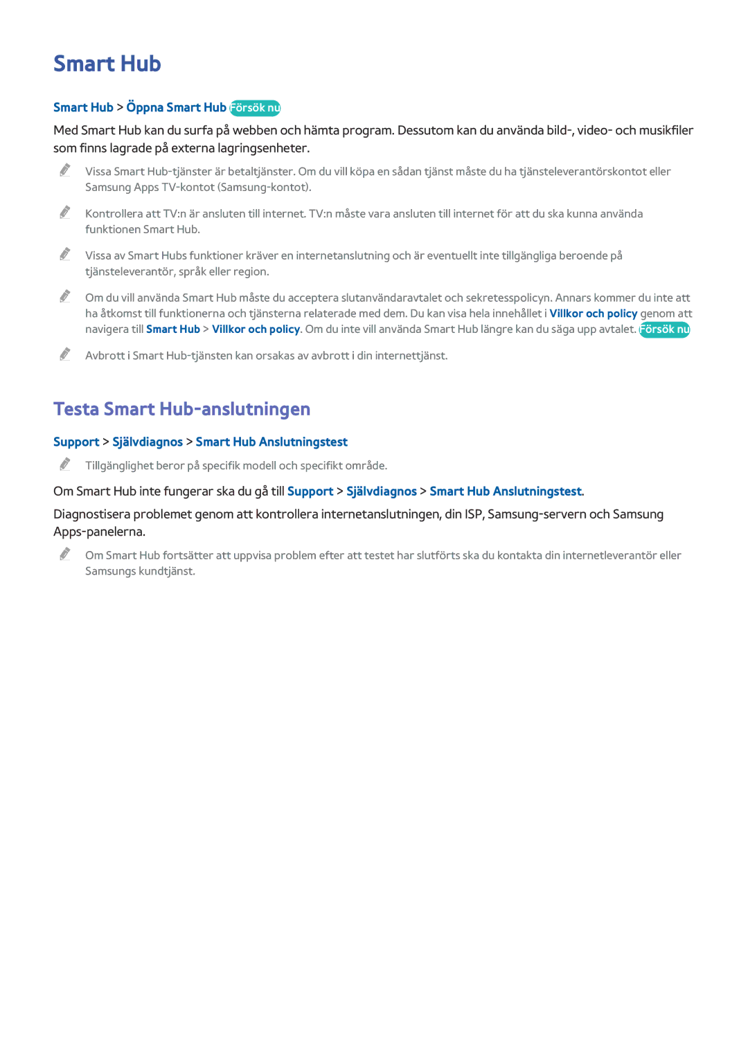 Samsung UE50J6175AUXXE, UE40J5205AKXXE manual Testa Smart Hub-anslutningen, Smart Hub Öppna Smart Hub Försök nu 