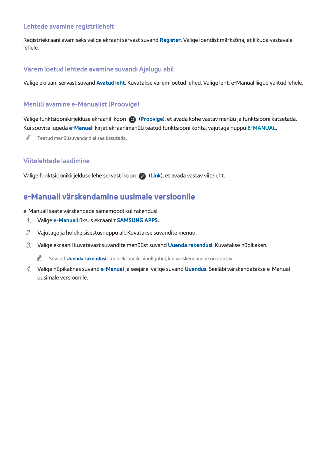 Samsung UE55J6150ASXZG Manuali värskendamine uusimale versioonile, Lehtede avamine registrilehelt, Viitelehtede laadimine 