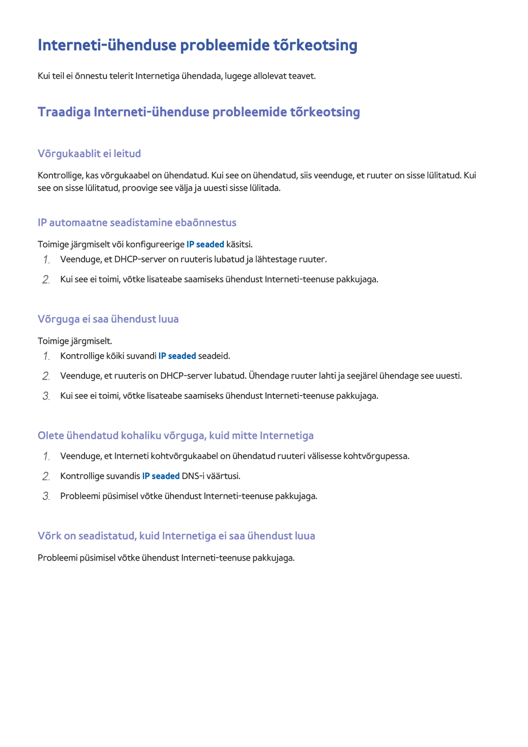 Samsung UE55J6150ASXZG, UE40J5250SSXZG, UE32J5250ASXZG manual Traadiga Interneti-ühenduse probleemide tõrkeotsing 