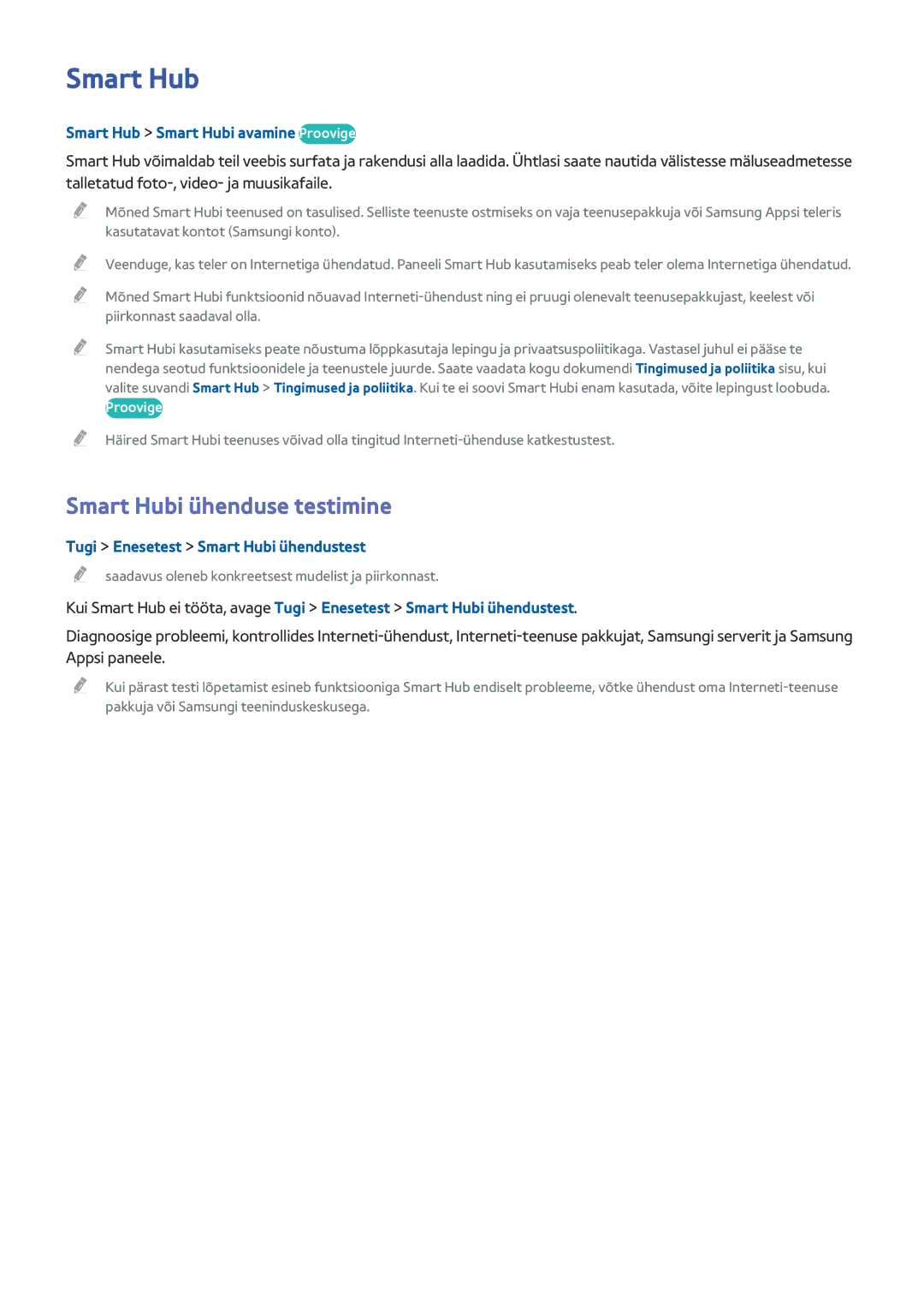Samsung UE48J5202AKXXH, UE40J5250SSXZG manual Smart Hubi ühenduse testimine, Smart Hub Smart Hubi avamine Proovige 