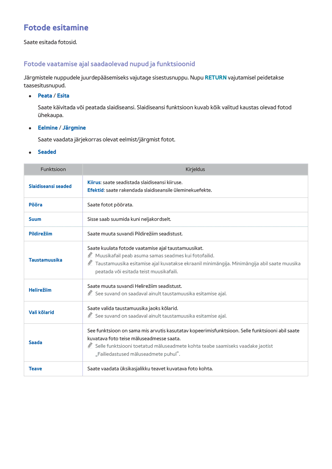 Samsung UE40J5202AKXXH manual Fotode esitamine, Fotode vaatamise ajal saadaolevad nupud ja funktsioonid, Peata / Esita 