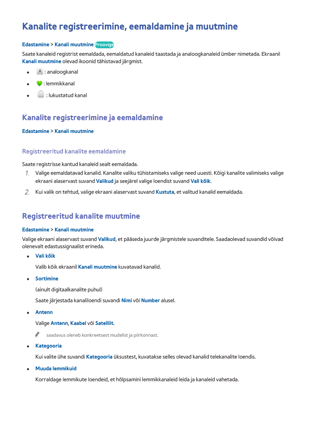 Samsung UE40J5202AKXXH manual Kanalite registreerimine, eemaldamine ja muutmine, Kanalite registreerimine ja eemaldamine 