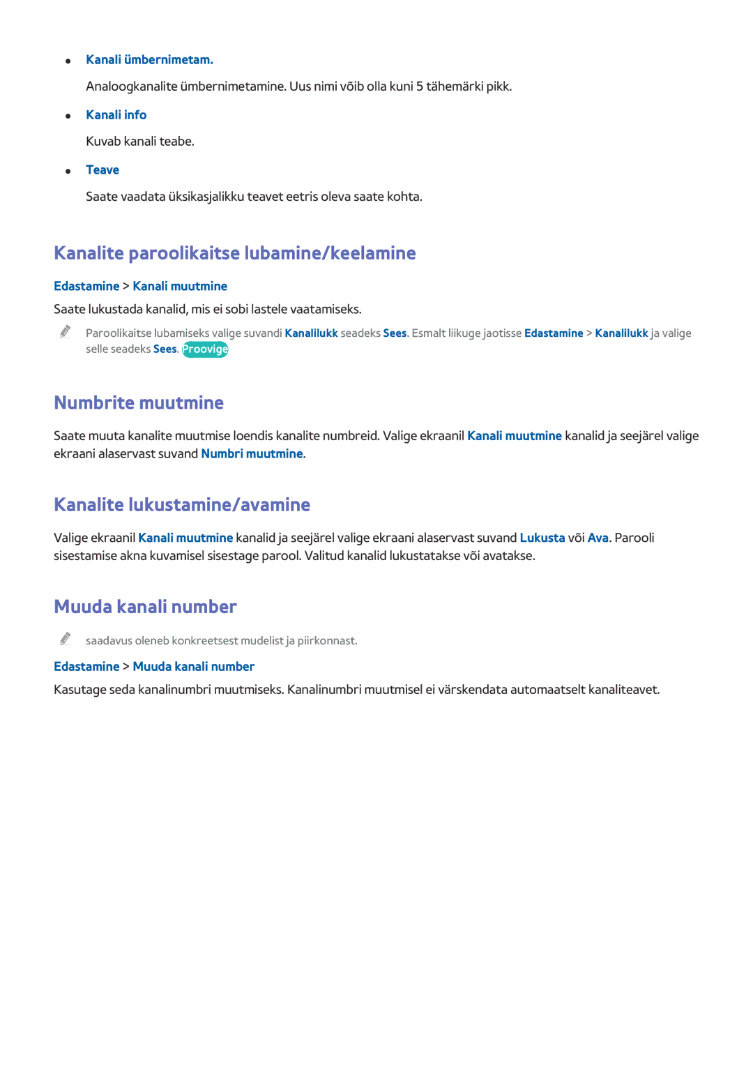 Samsung UE48J5202AKXXH manual Kanalite paroolikaitse lubamine/keelamine, Numbrite muutmine, Kanalite lukustamine/avamine 