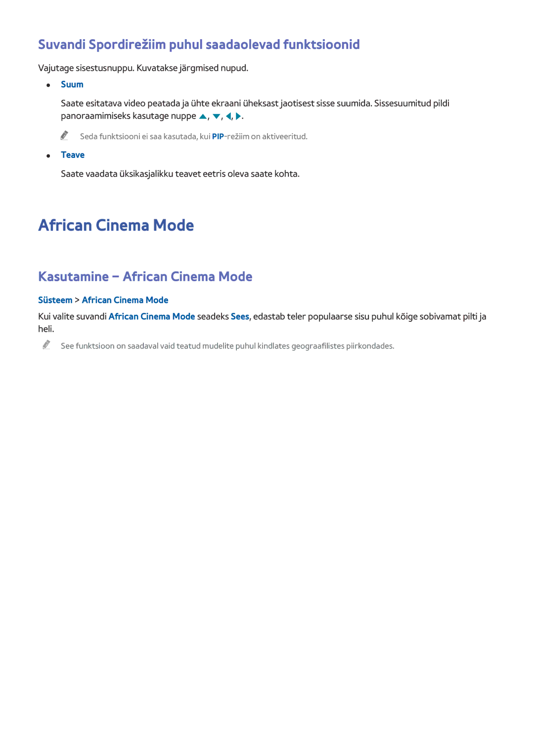 Samsung UE55J6150ASXZG, UE40J5250SSXZG manual African Cinema Mode, Suvandi Spordirežiim puhul saadaolevad funktsioonid 