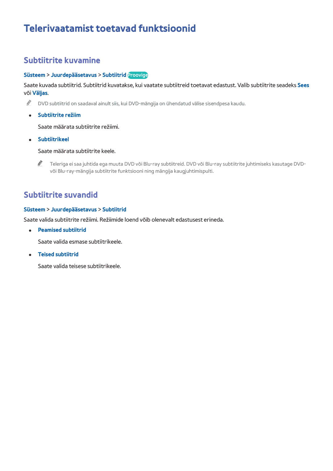 Samsung UE32J4500AWXXH, UE40J5250SSXZG Telerivaatamist toetavad funktsioonid, Subtiitrite kuvamine, Subtiitrite suvandid 