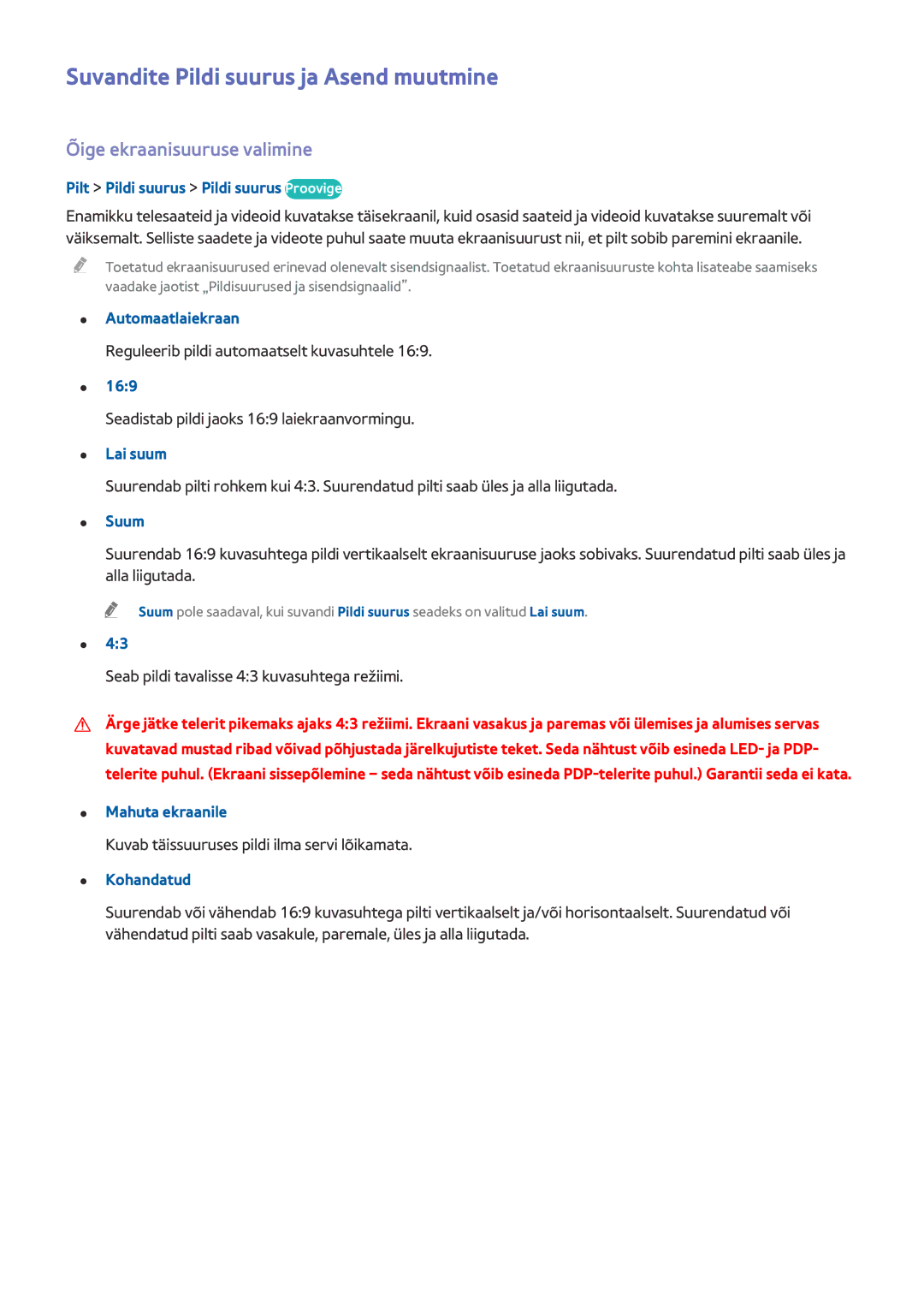 Samsung UE48J5250SSXZG, UE40J5250SSXZG manual Suvandite Pildi suurus ja Asend muutmine, Õige ekraanisuuruse valimine 