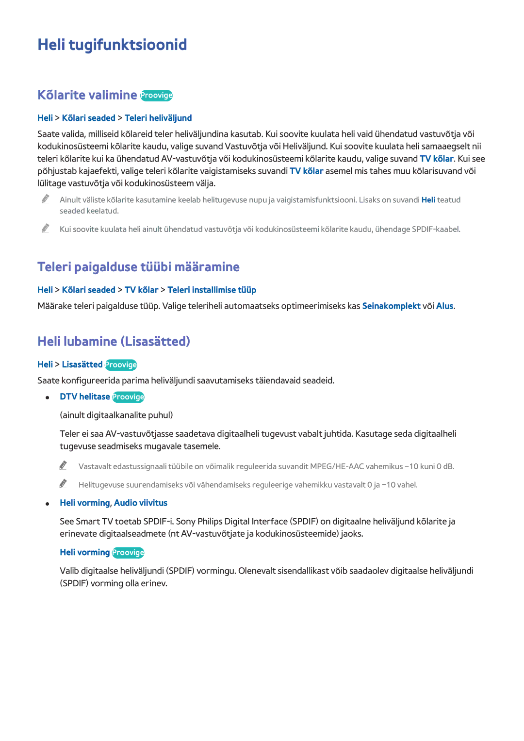 Samsung UE32J4500AWXXH manual Heli tugifunktsioonid, Kõlarite valimine Proovige, Teleri paigalduse tüübi määramine 