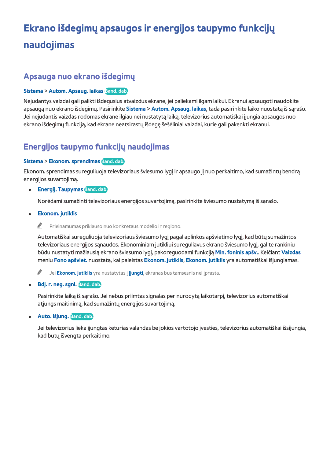 Samsung UE32J5250ASXZG, UE40J5250SSXZG, UE48J5250SSXZG Apsauga nuo ekrano išdegimų, Energijos taupymo funkcijų naudojimas 