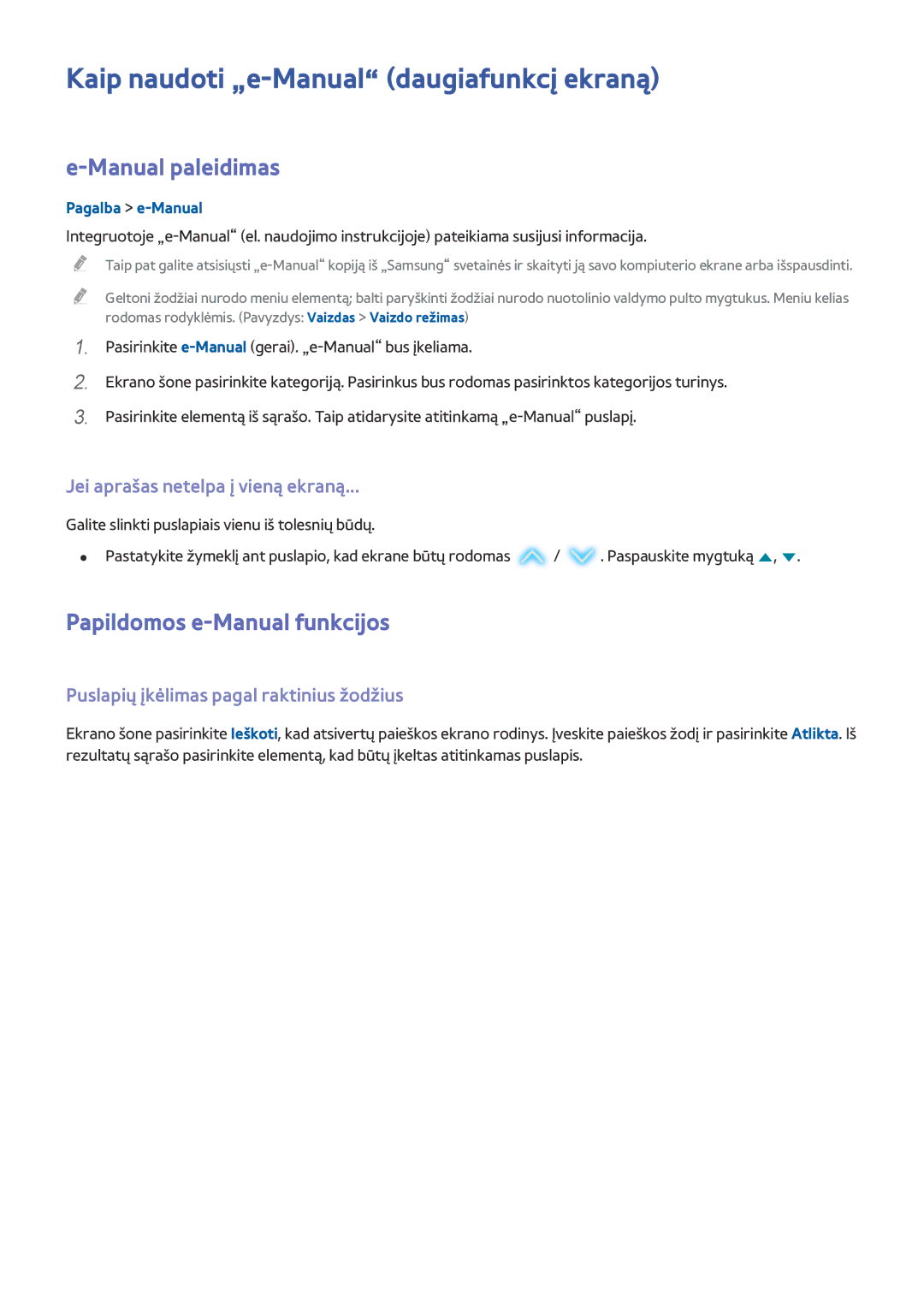 Samsung UE32J4510AWXXH manual Kaip naudoti „e-Manual daugiafunkcį ekraną, Manual paleidimas, Papildomos e-Manual funkcijos 