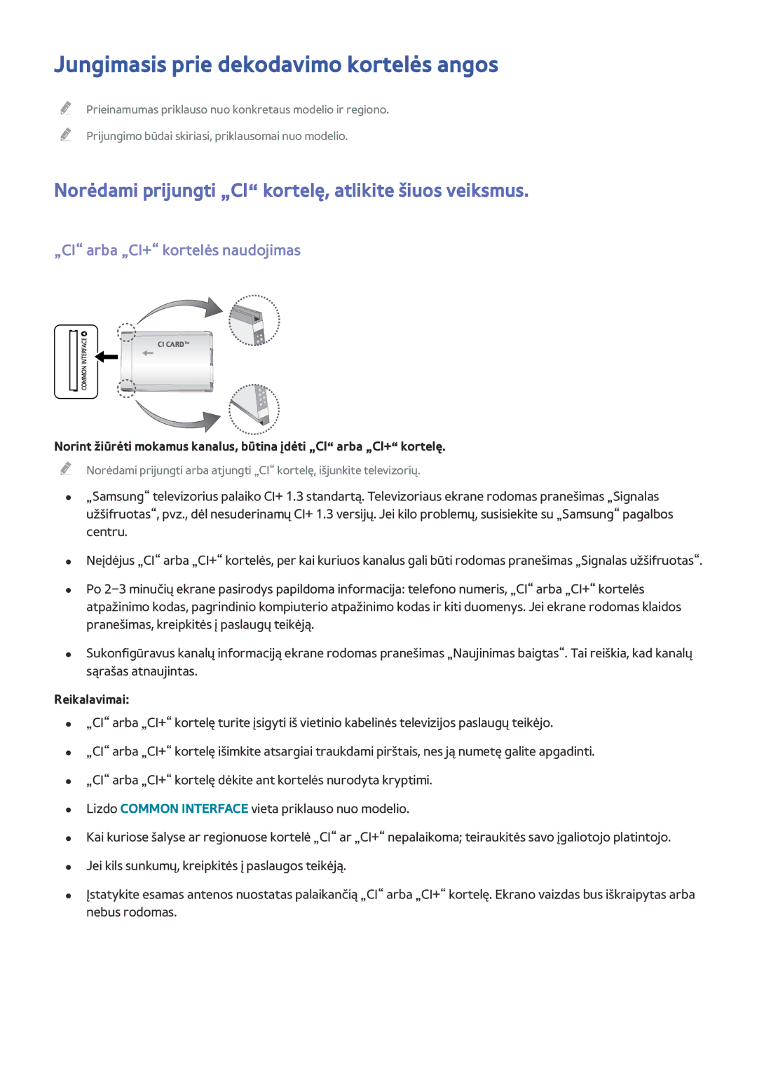 Samsung UE32J4510AWXXH Jungimasis prie dekodavimo kortelės angos, Norėdami prijungti „CI kortelę, atlikite šiuos veiksmus 