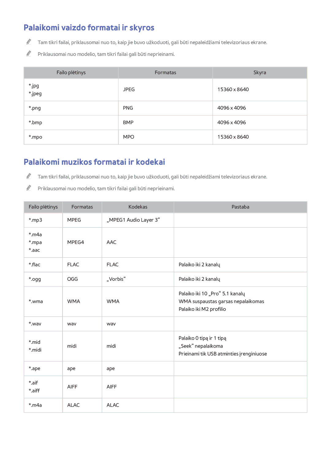 Samsung UE55J6150ASXZG, UE40J5250SSXZG manual Palaikomi vaizdo formatai ir skyros, Palaikomi muzikos formatai ir kodekai 