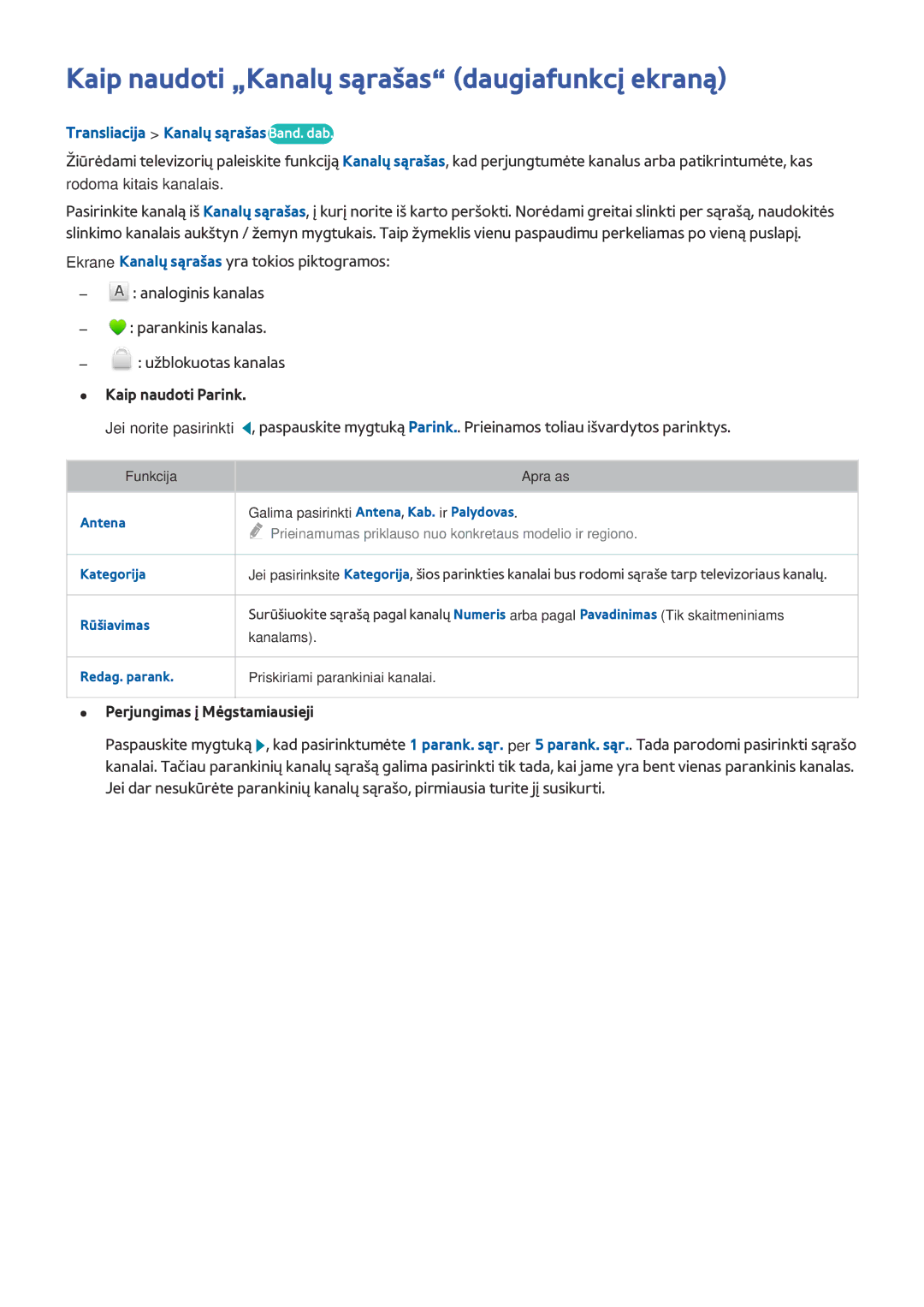 Samsung UE32J5200AWXXH manual Kaip naudoti „Kanalų sąrašas daugiafunkcį ekraną, Transliacija Kanalų sąrašas Band. dab 