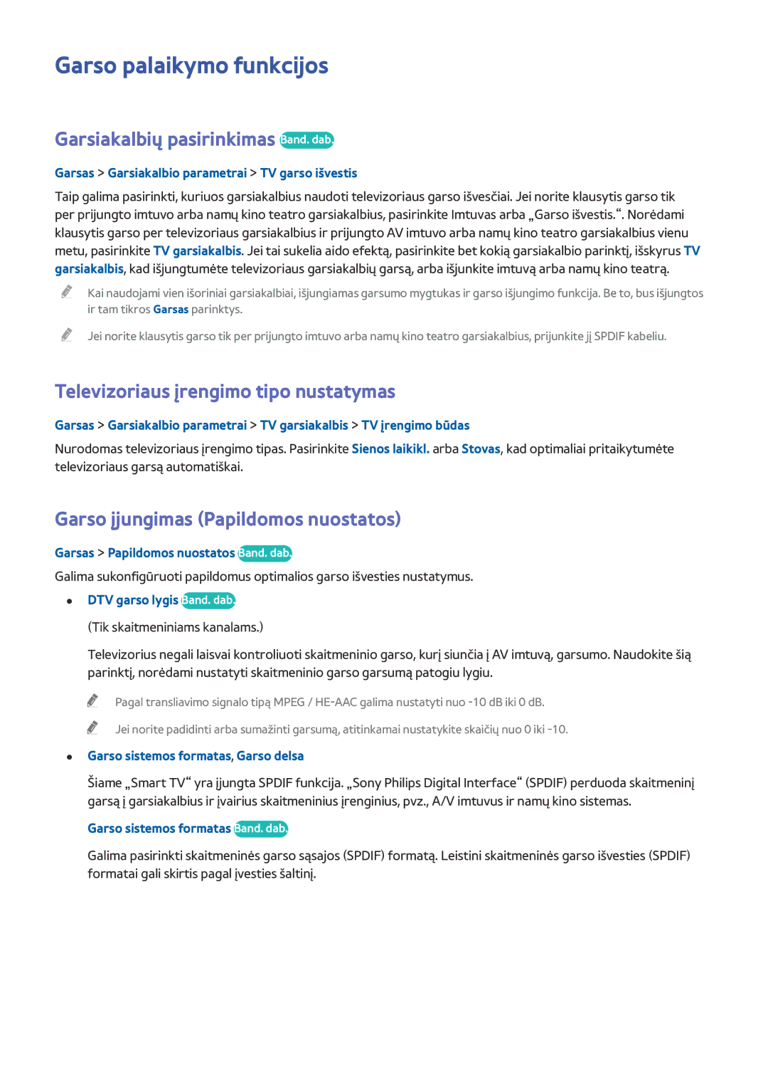 Samsung UE32J4500AWXXH, UE40J5250SSXZG, UE32J5250ASXZG manual Garso palaikymo funkcijos, Garsiakalbių pasirinkimas Band. dab 