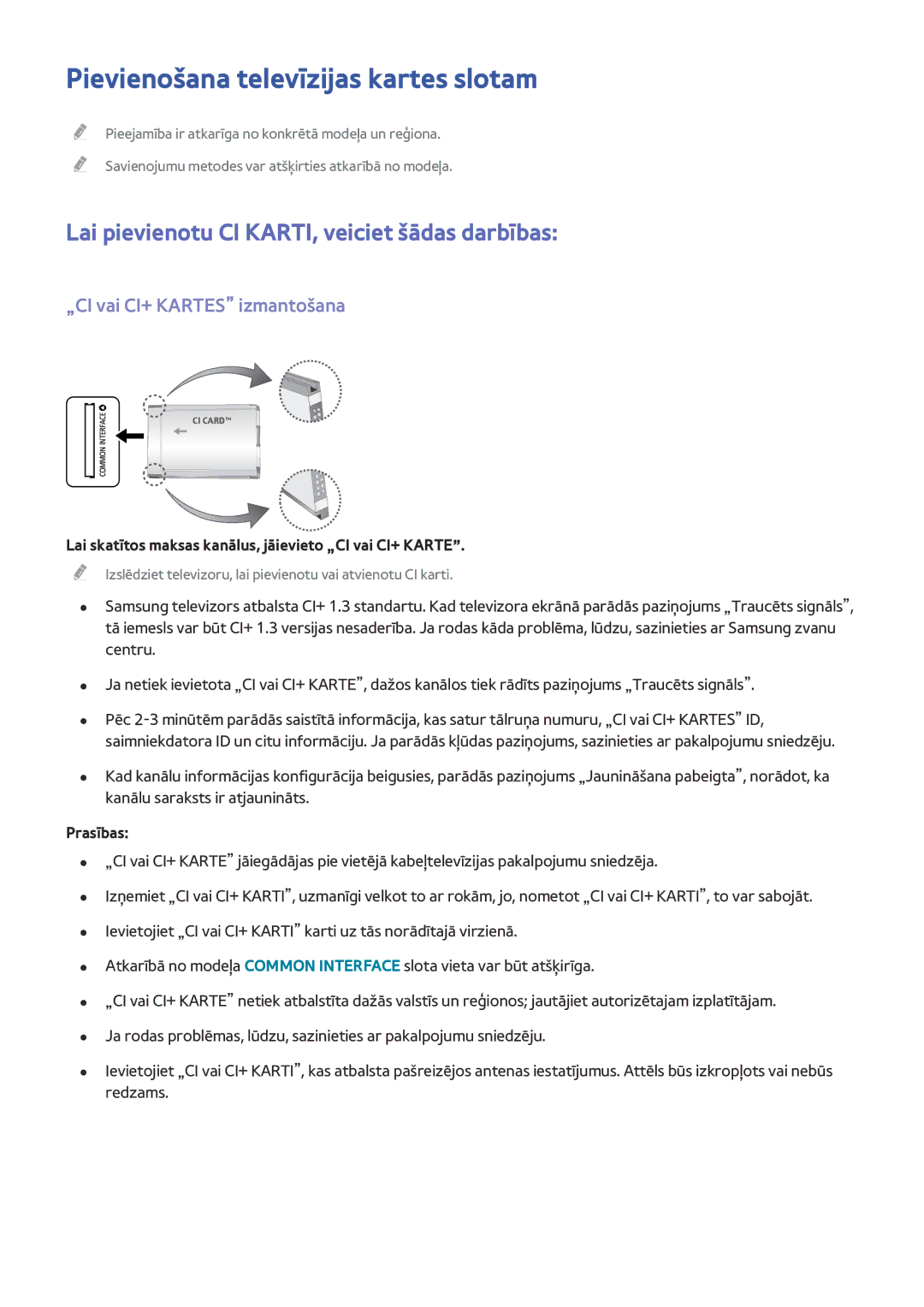 Samsung UE32J4510AWXXH manual Pievienošana televīzijas kartes slotam, Lai pievienotu CI KARTI, veiciet šādas darbības 