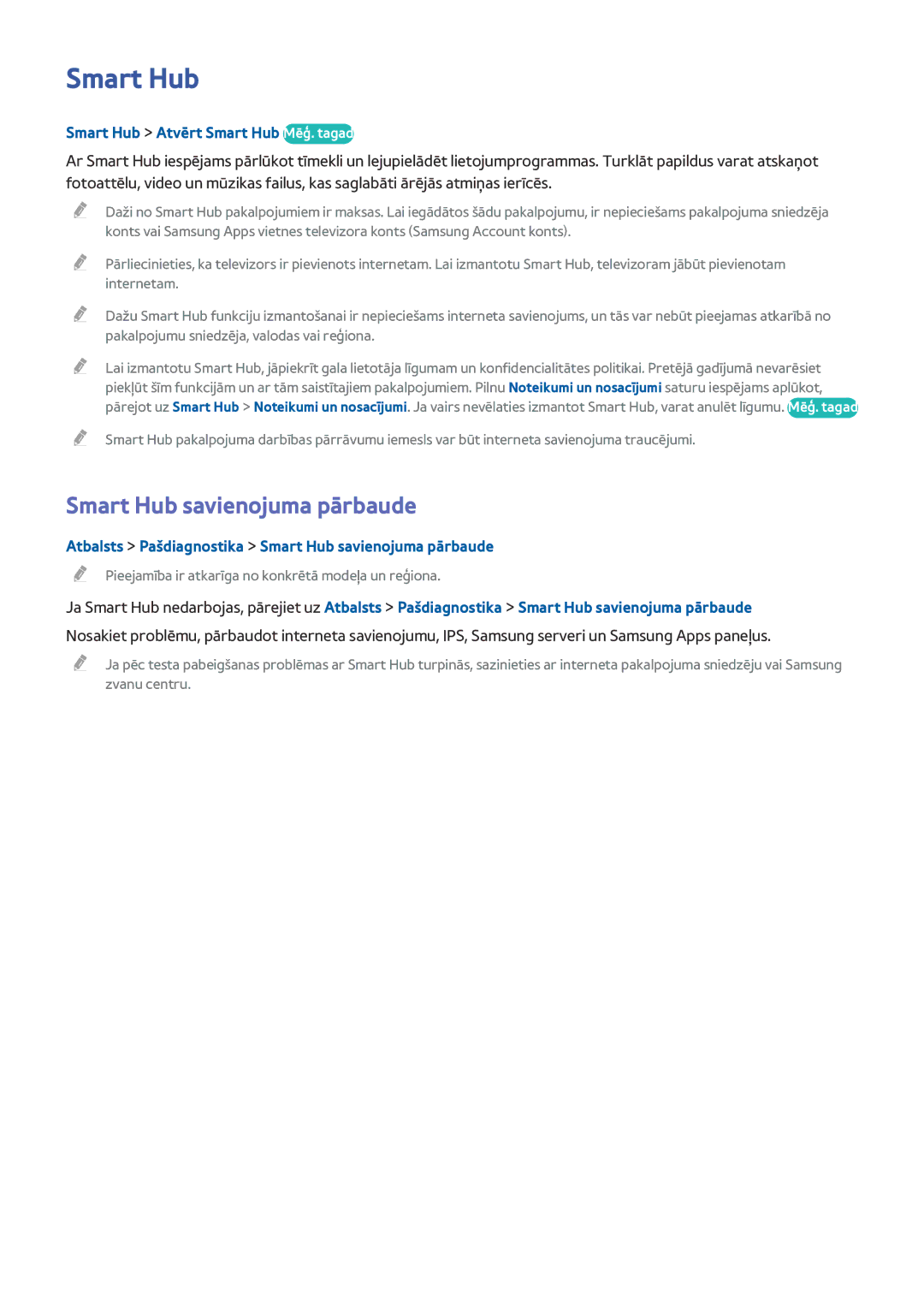 Samsung UE48J5202AKXXH, UE40J5250SSXZG manual Smart Hub savienojuma pārbaude, Smart Hub Atvērt Smart Hub Mēģ. tagad 