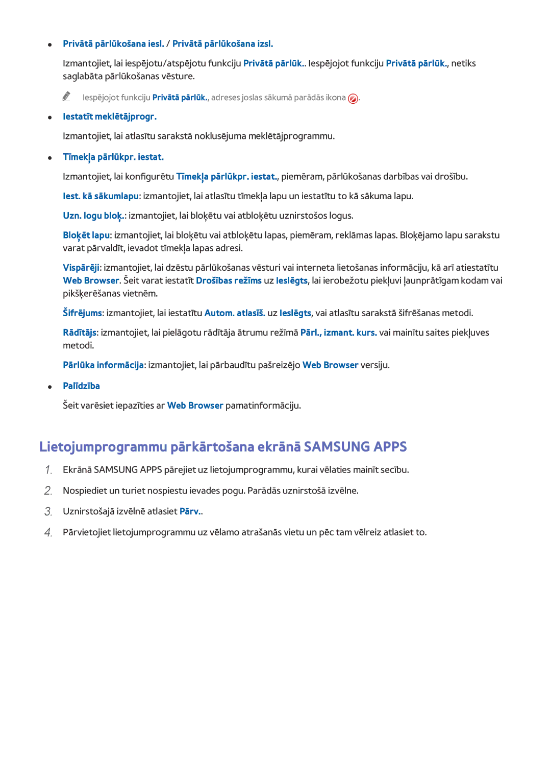 Samsung UE48J5250SSXZG manual Lietojumprogrammu pārkārtošana ekrānā Samsung Apps, Iestatīt meklētājprogr, Palīdzība 