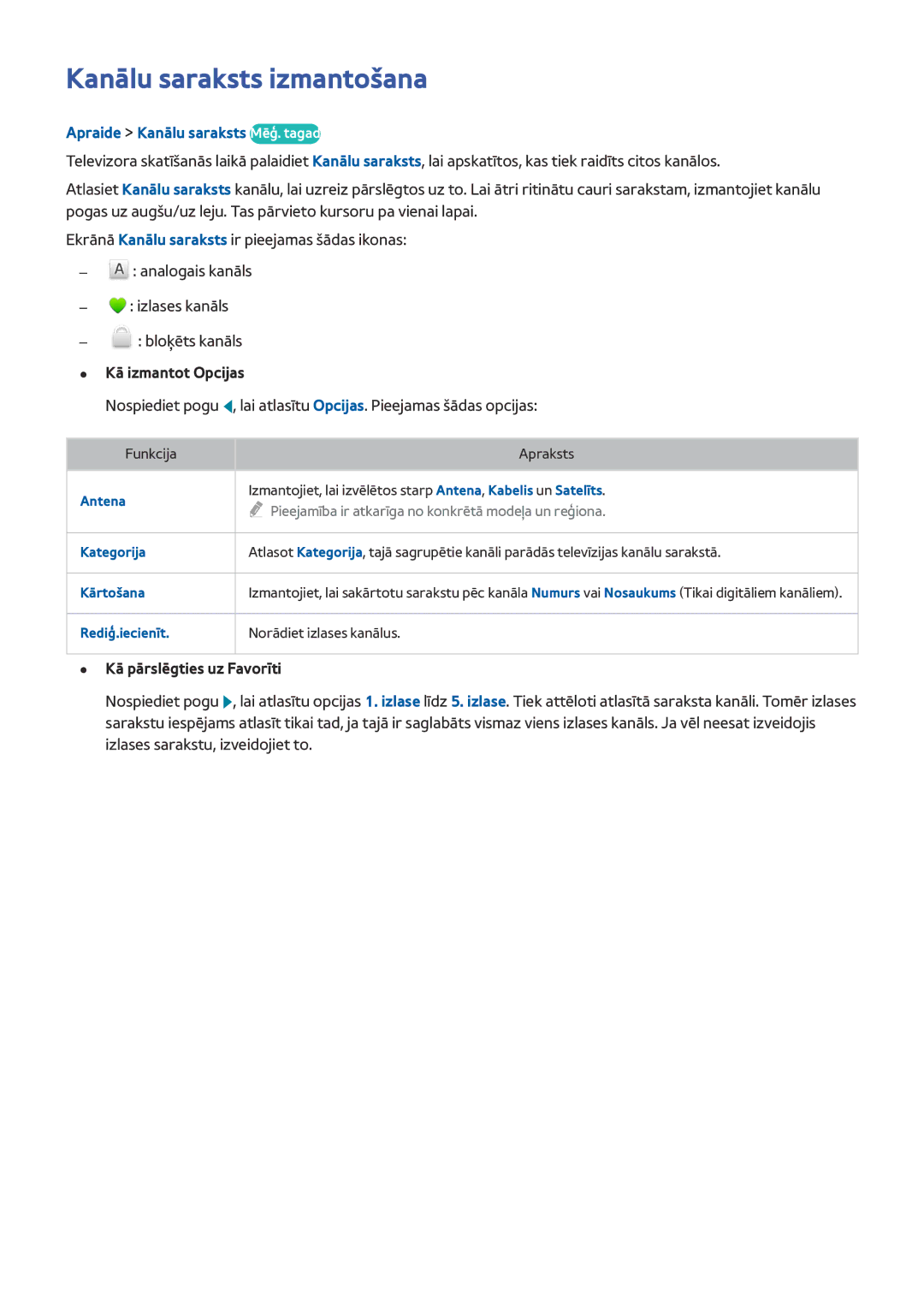 Samsung UE32J5200AWXXH manual Kanālu saraksts izmantošana, Apraide Kanālu saraksts Mēģ. tagad, Kā izmantot Opcijas 