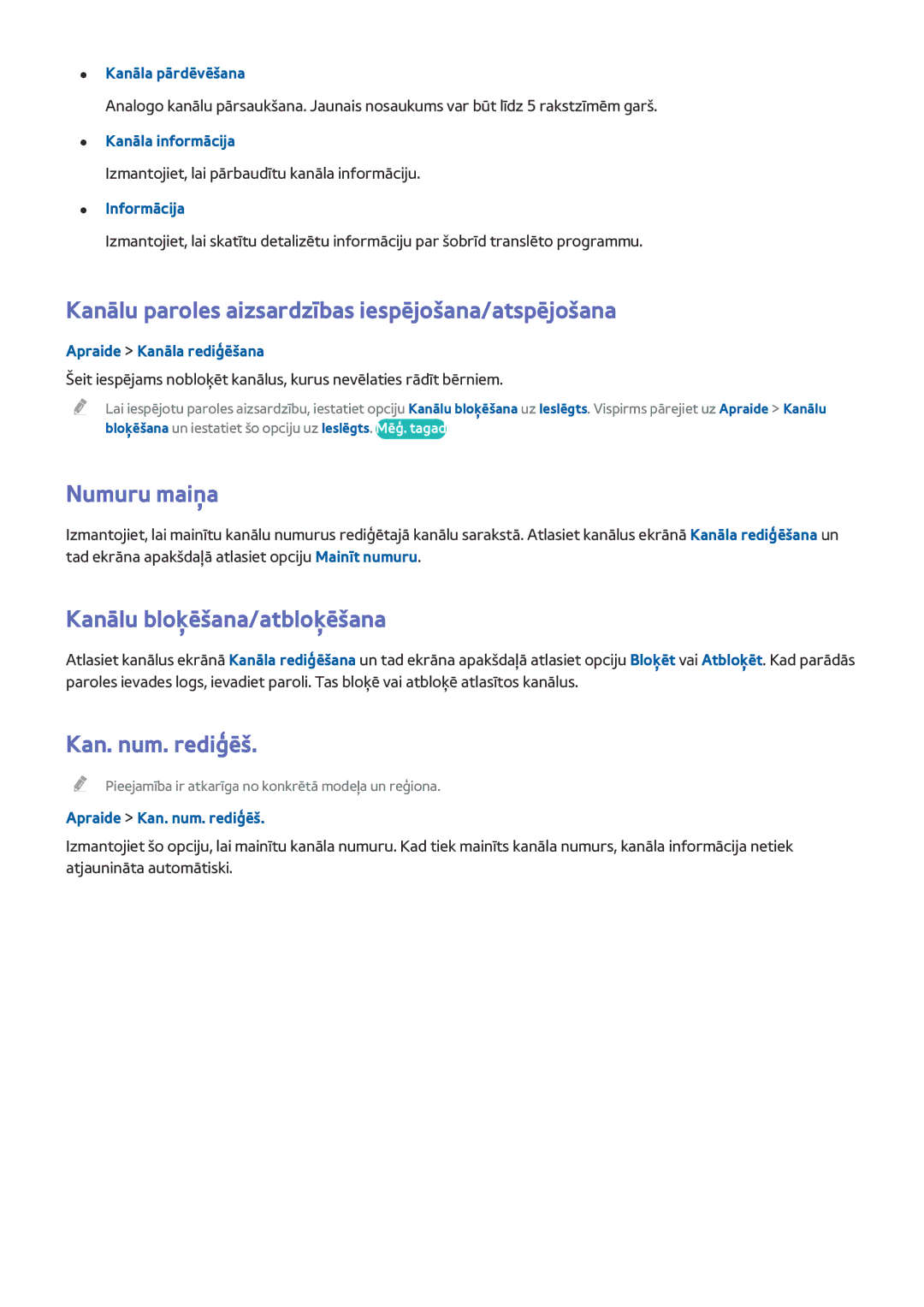 Samsung UE48J5202AKXXH Kanālu paroles aizsardzības iespējošana/atspējošana, Numuru maiņa, Kanālu bloķēšana/atbloķēšana 