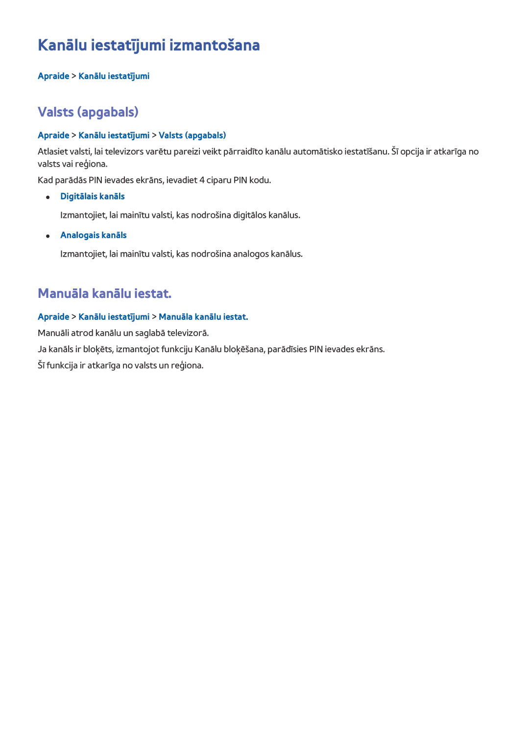 Samsung UE32J5250ASXZG, UE40J5250SSXZG manual Kanālu iestatījumi izmantošana, Valsts apgabals, Manuāla kanālu iestat 