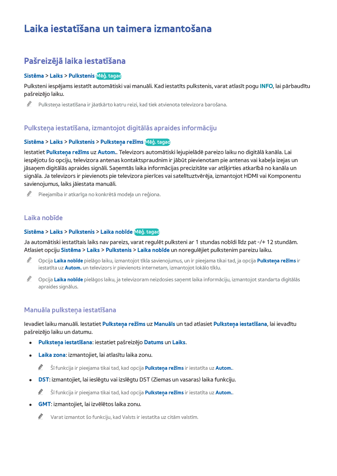 Samsung UE40J5202AKXXH manual Laika iestatīšana un taimera izmantošana, Pašreizējā laika iestatīšana, Laika nobīde 