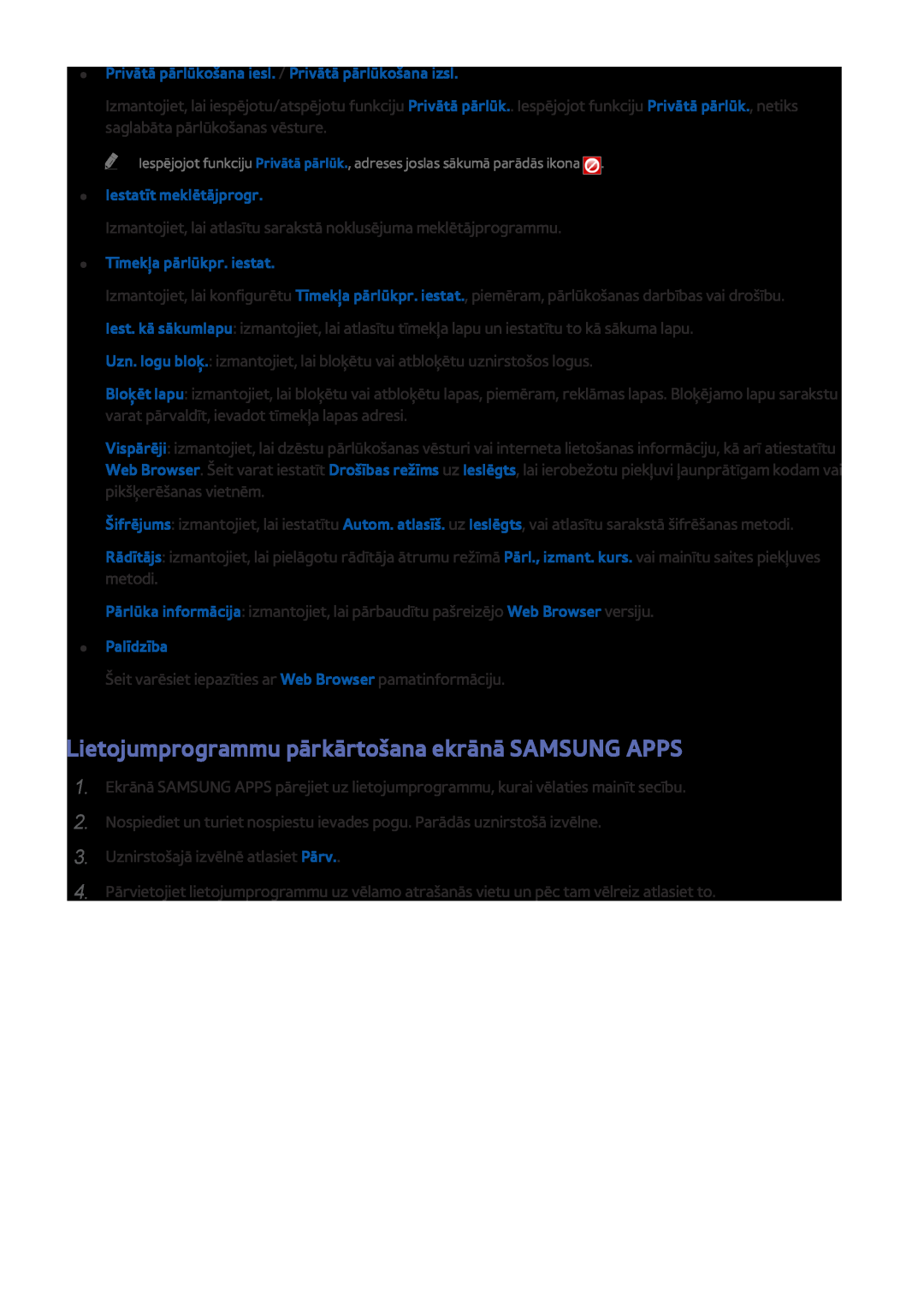 Samsung UE48J5250SSXZG manual Lietojumprogrammu pārkārtošana ekrānā SAMSUNG APPS, Iestatīt meklētājprogr, Palīdzība 
