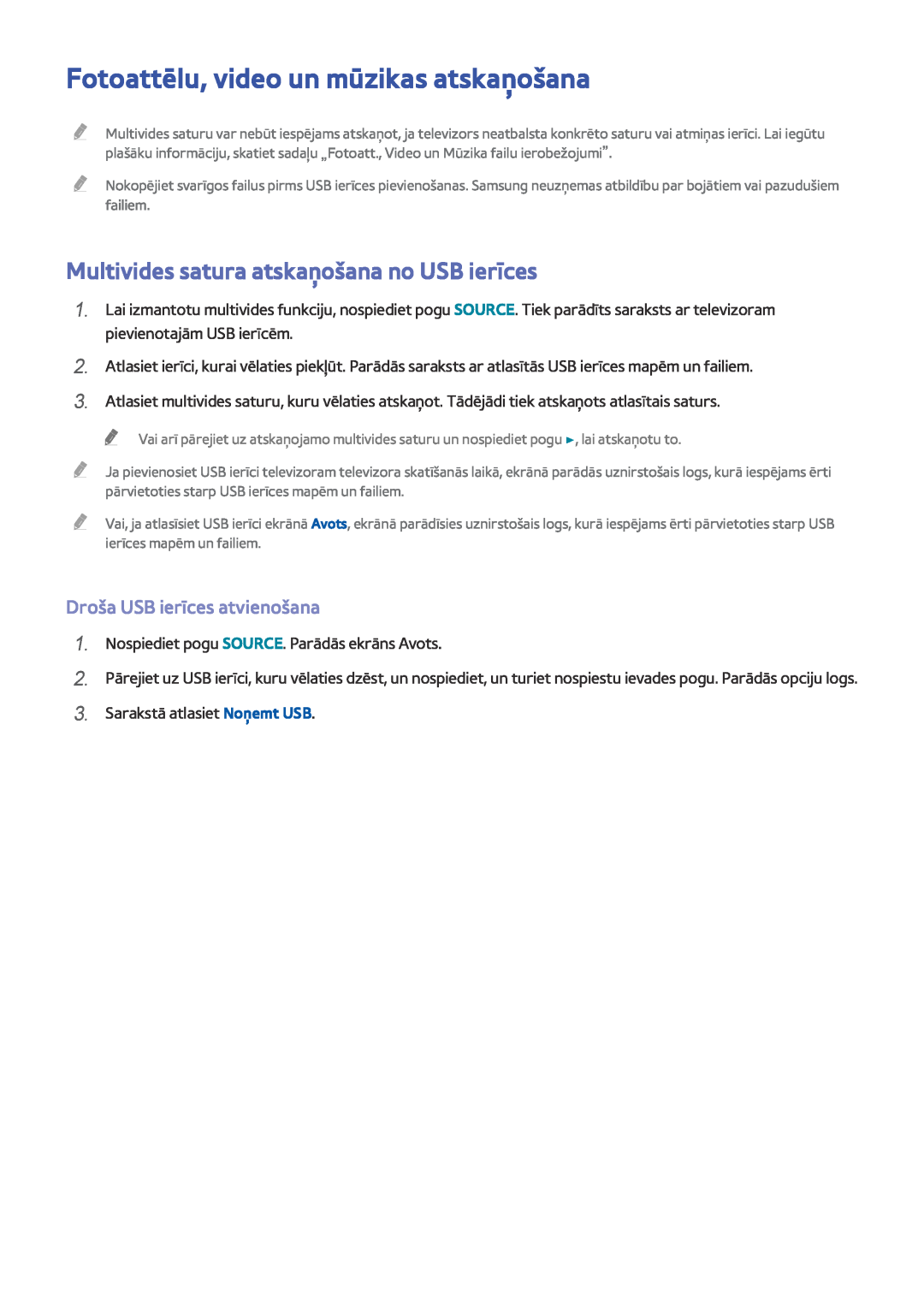 Samsung UE32J4500AWXXH manual Fotoattēlu, video un mūzikas atskaņošana, Multivides satura atskaņošana no USB ierīces 