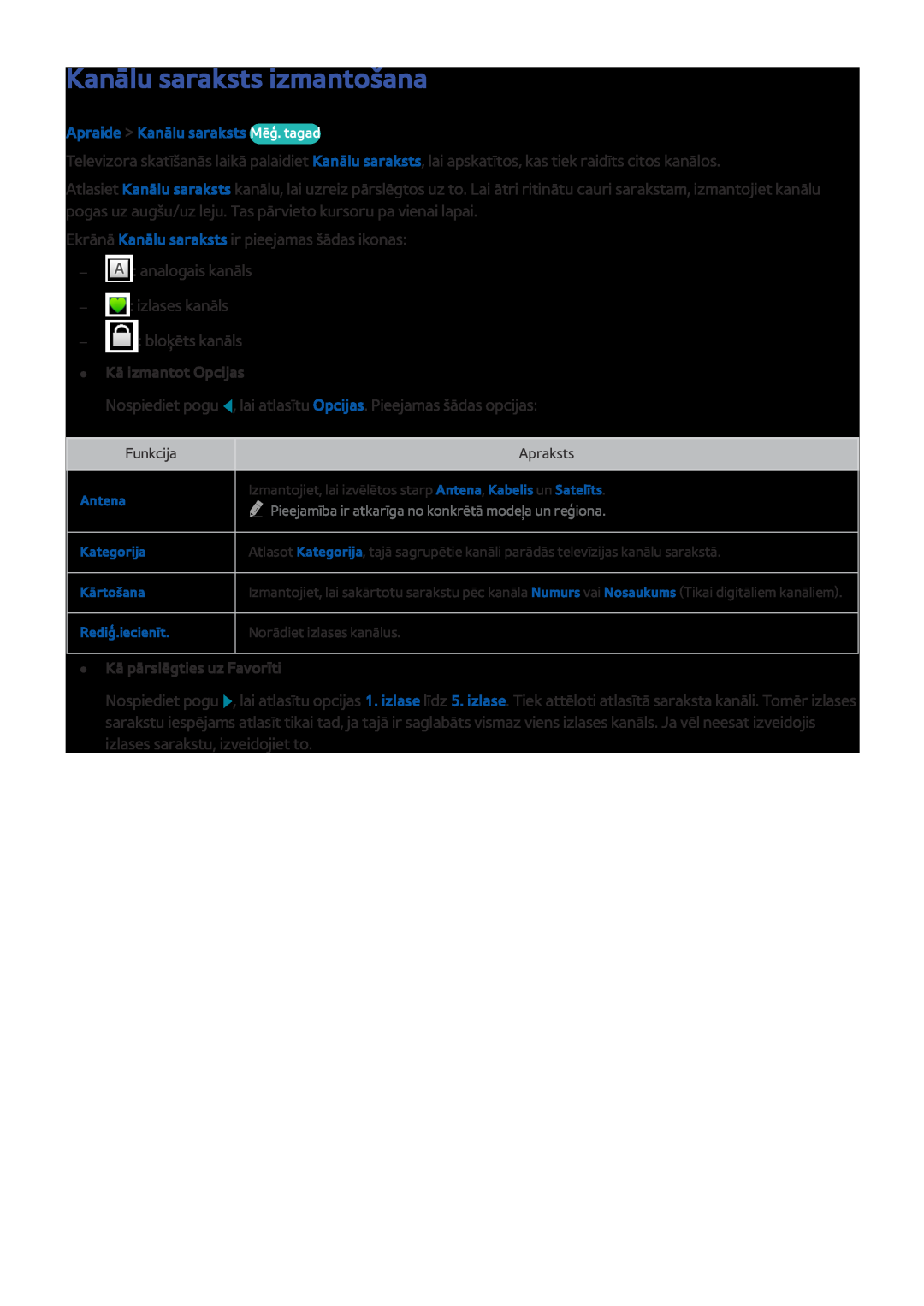 Samsung UE32J5200AWXXH manual Kanālu saraksts izmantošana, Apraide Kanālu saraksts Mēģ. tagad, Kā izmantot Opcijas 