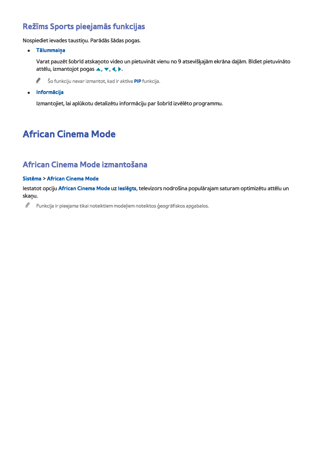 Samsung UE55J6150ASXZG Režīms Sports pieejamās funkcijas, African Cinema Mode izmantošana, Sistēma African Cinema Mode 