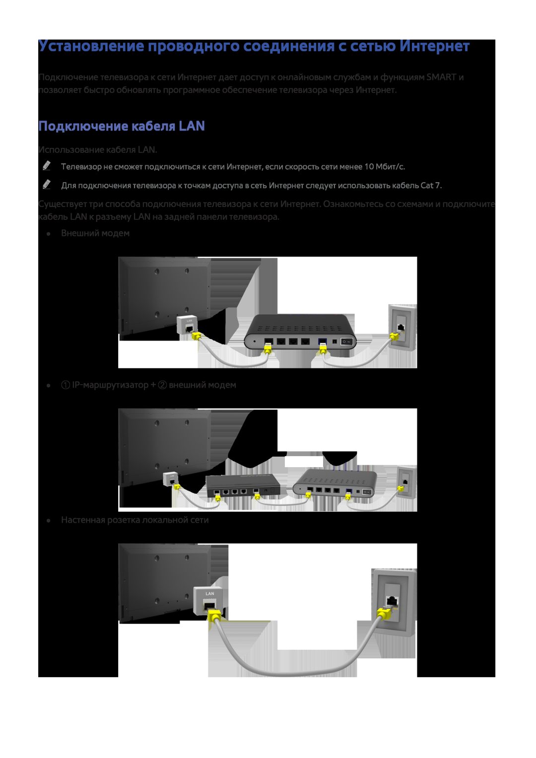 Samsung UE48J5202AKXXH, UE40J5250SSXZG manual Установление проводного соединения с сетью Интернет, Подключение кабеля LAN 