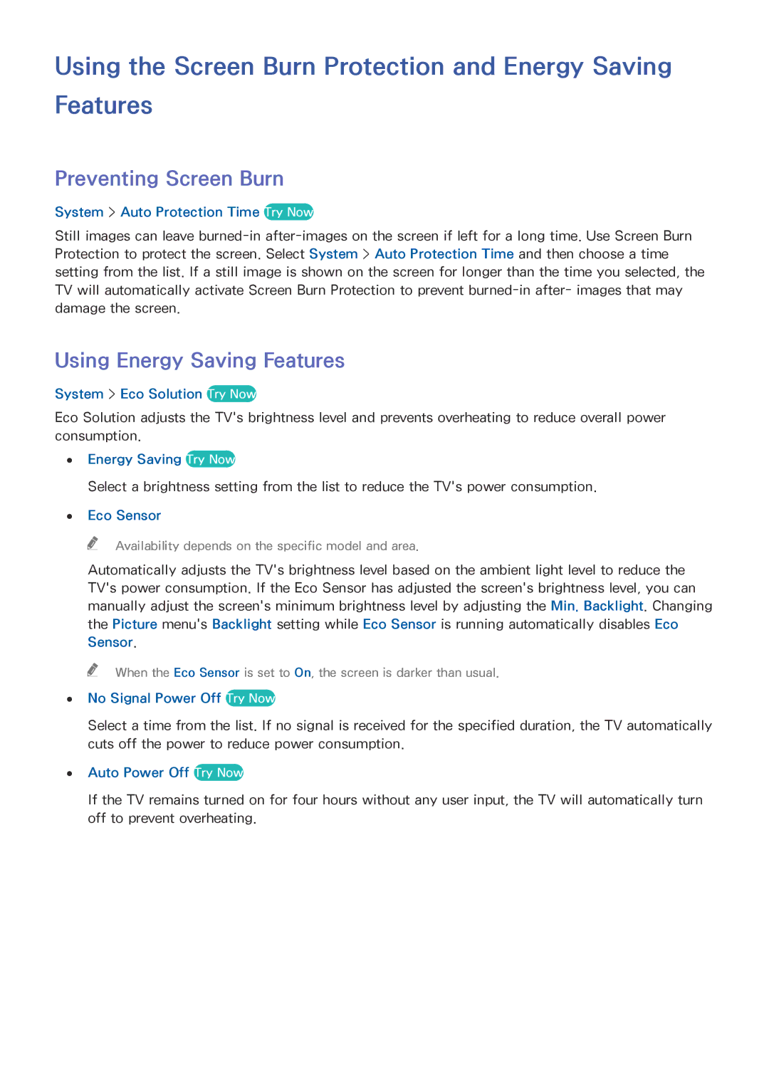 Samsung UA49J5200ASXMV, UE40J5250SSXZG Using the Screen Burn Protection and Energy Saving Features, Preventing Screen Burn 