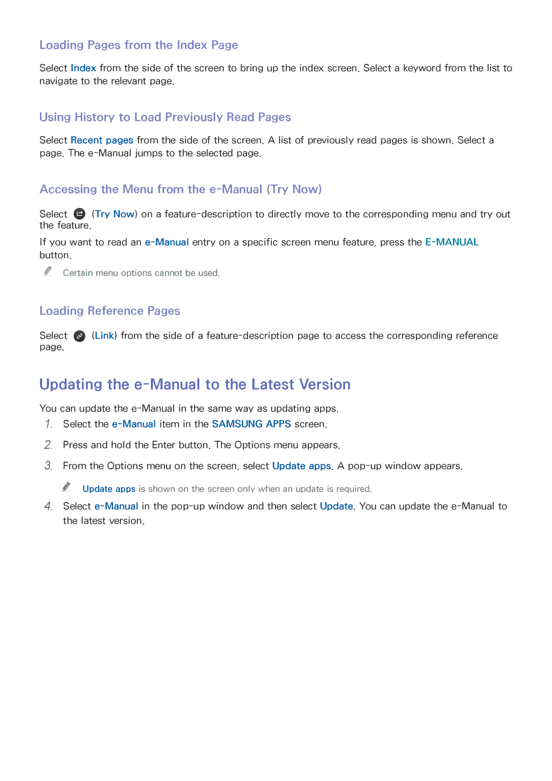 Samsung UE32J4510AWXXC Updating the e-Manual to the Latest Version, Loading Pages from the Index, Loading Reference Pages 