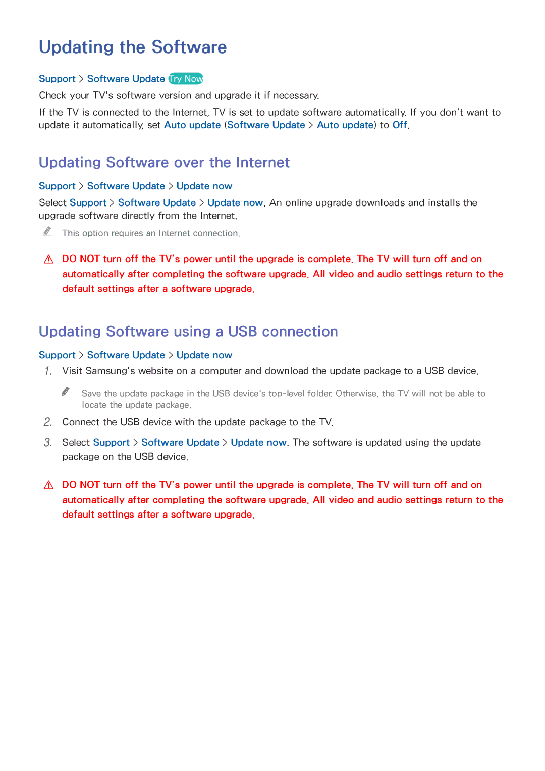 Samsung UA32J4373DSXMV manual Updating the Software, Updating Software over the Internet, Support Software Update Try Now 