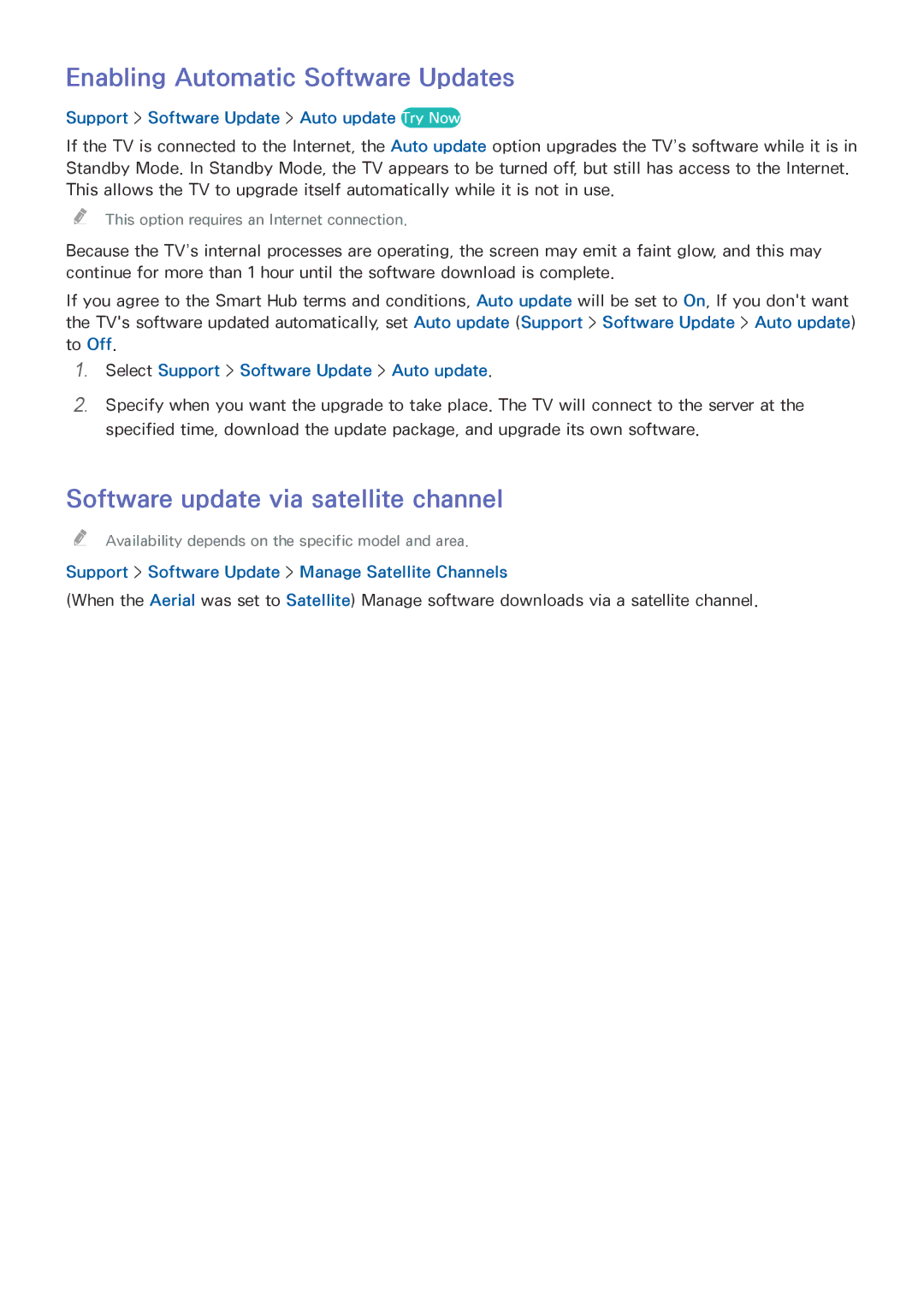 Samsung UE32J4500AWXXC, UE40J5250SSXZG manual Enabling Automatic Software Updates, Software update via satellite channel 