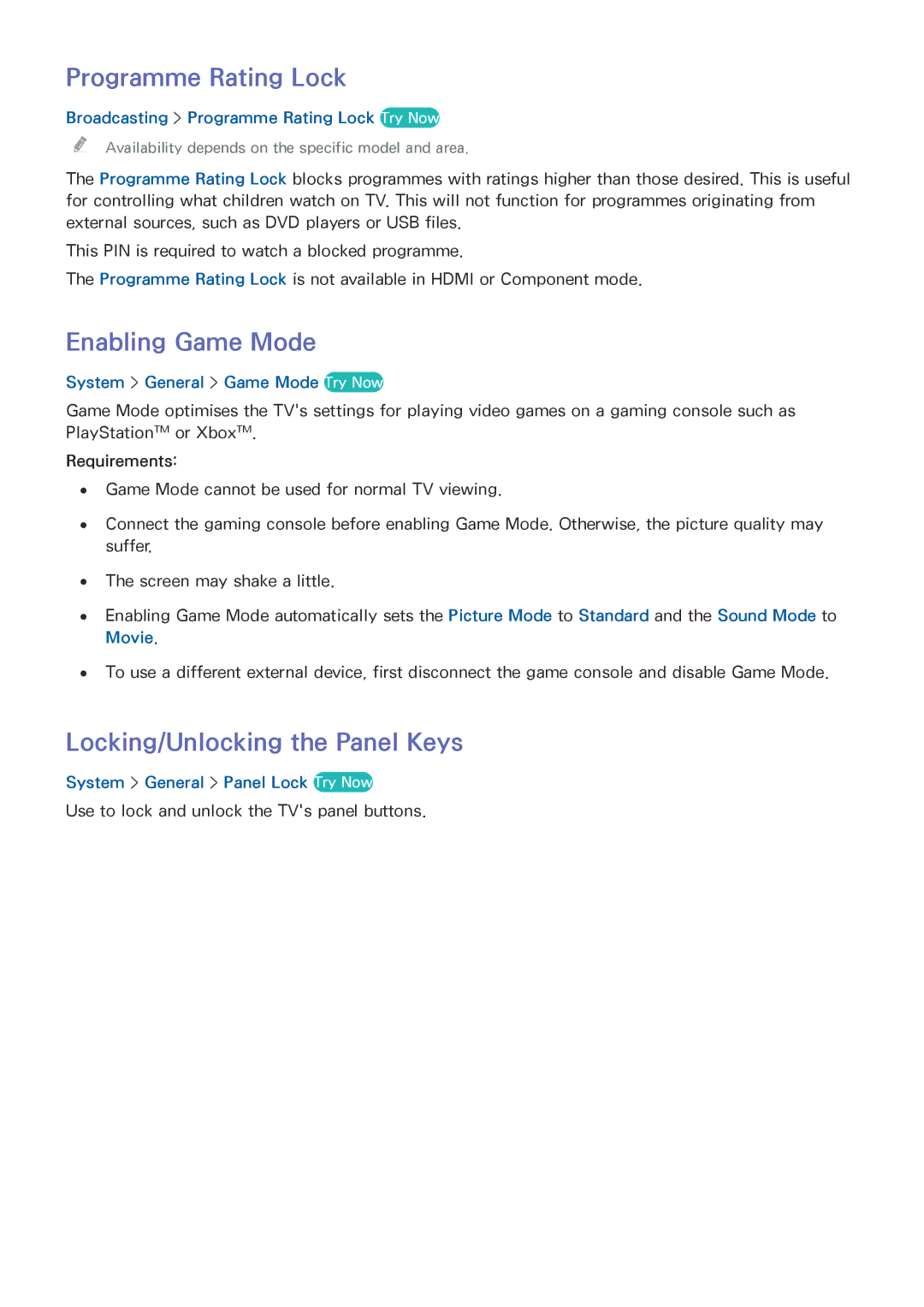 Samsung UE40J5202AKXXH, UE40J5250SSXZG manual Programme Rating Lock, Enabling Game Mode, Locking/Unlocking the Panel Keys 