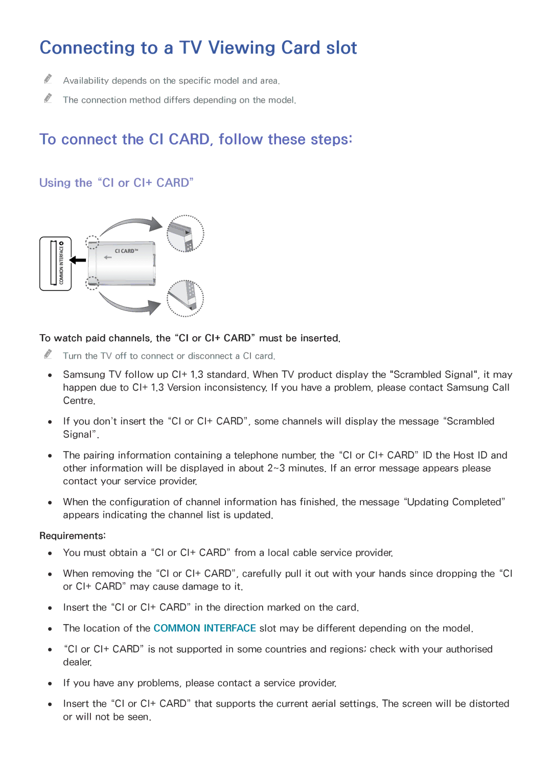 Samsung UE58J5202AKXXH, UE40J5250SSXZG Connecting to a TV Viewing Card slot, To connect the CI CARD, follow these steps 