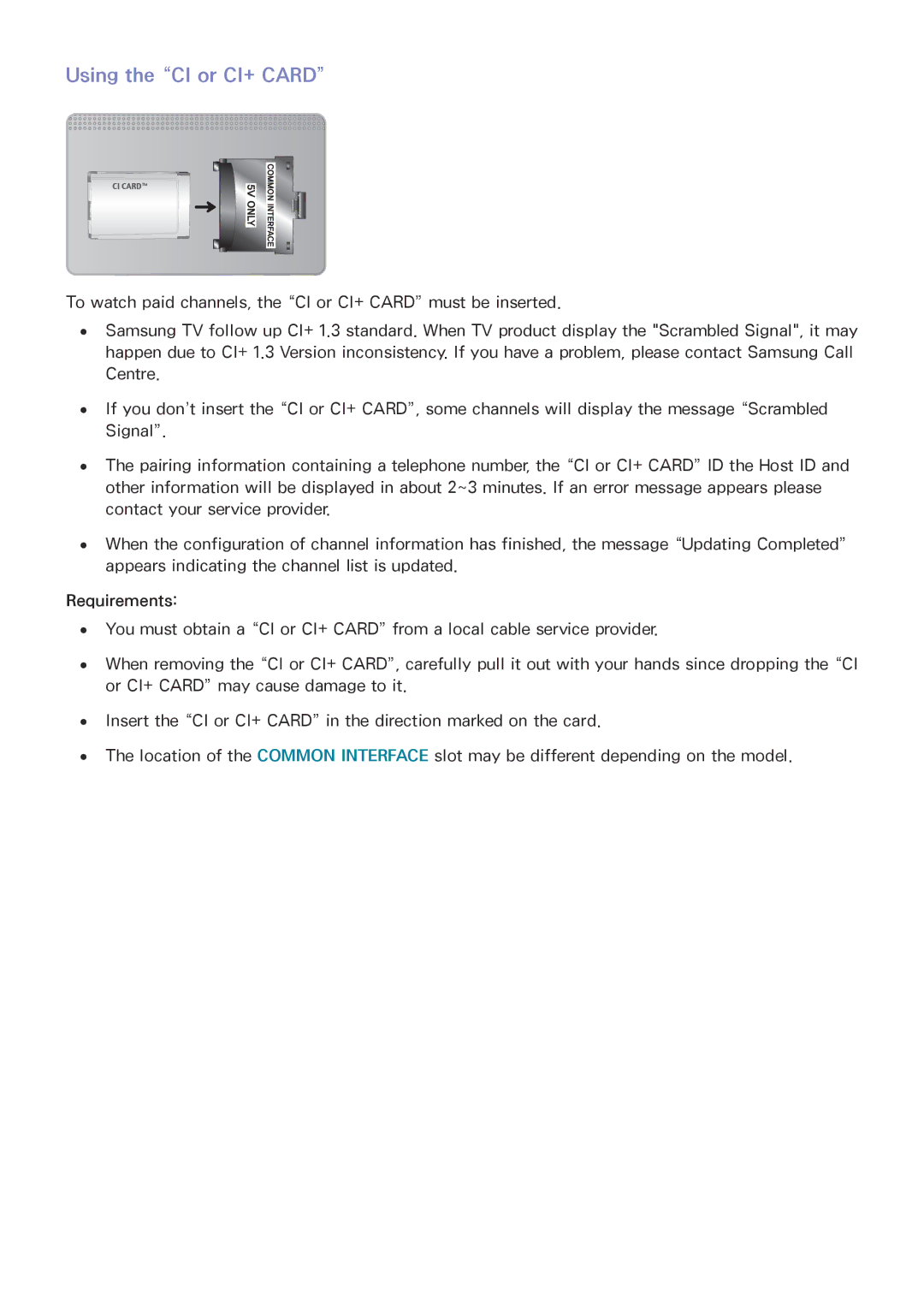 Samsung UE40J5200AKXXU, UE40J5250SSXZG, UE32J5250ASXZG, UE48J5250SSXZG, UE58J5200AWXXH manual Using the CI or CI+ Card 